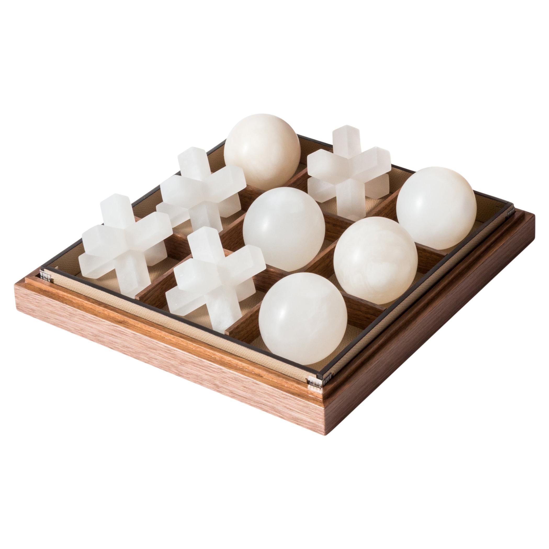 21st Century Italian Tic Tac Toe in Walnut and Leather with Alabaster Pieces