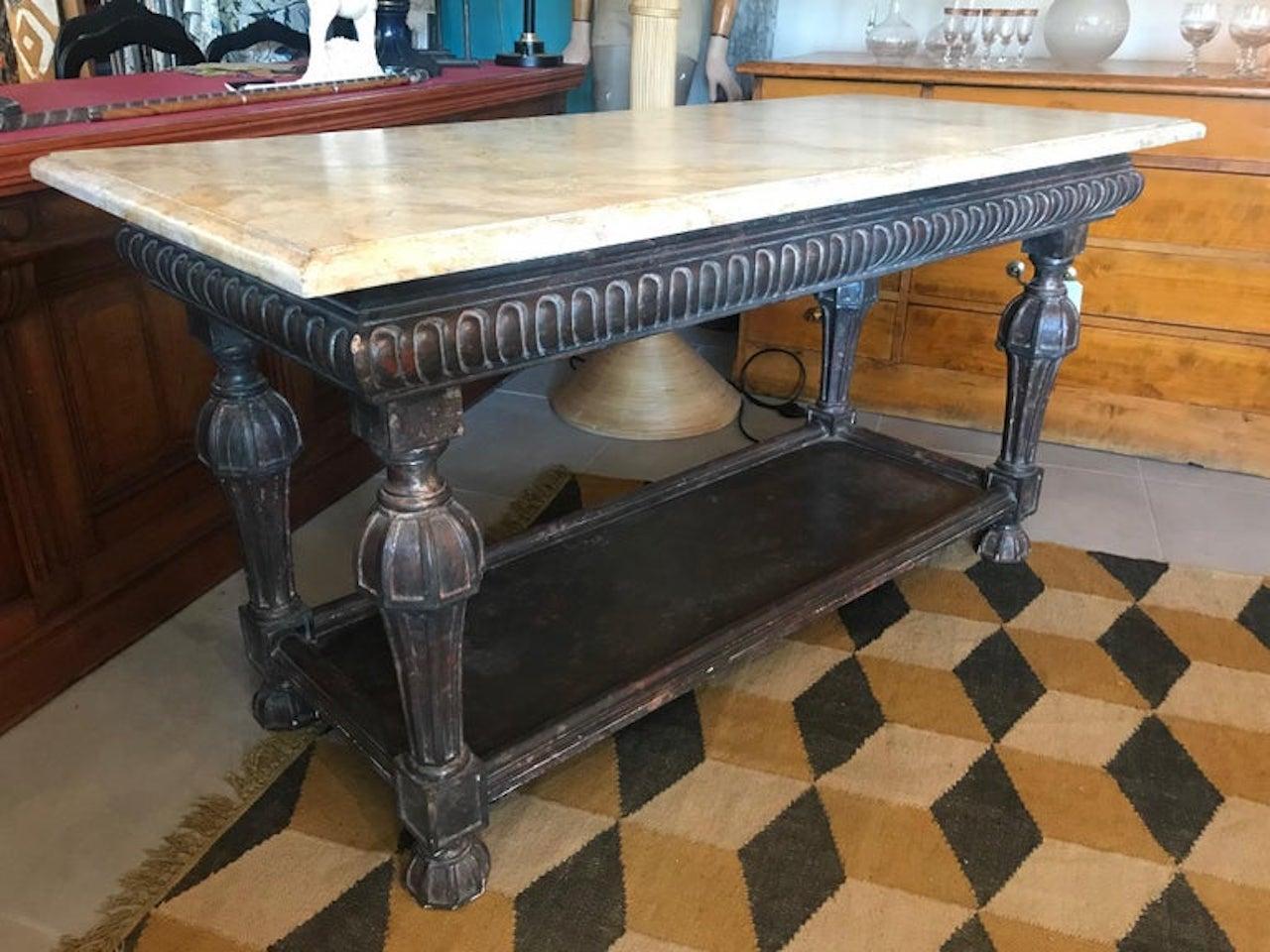 Beautiful 21st century Italian wood and marble imitation top table console.
Stamp of the Italian manufacturer under the table 