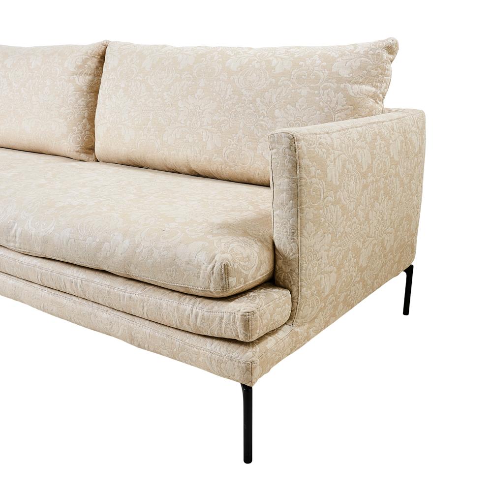 This 21st Century Italian Zanotta Sofa is upholstered in Schumacher Montisi Linen Damask Fabric (66620).