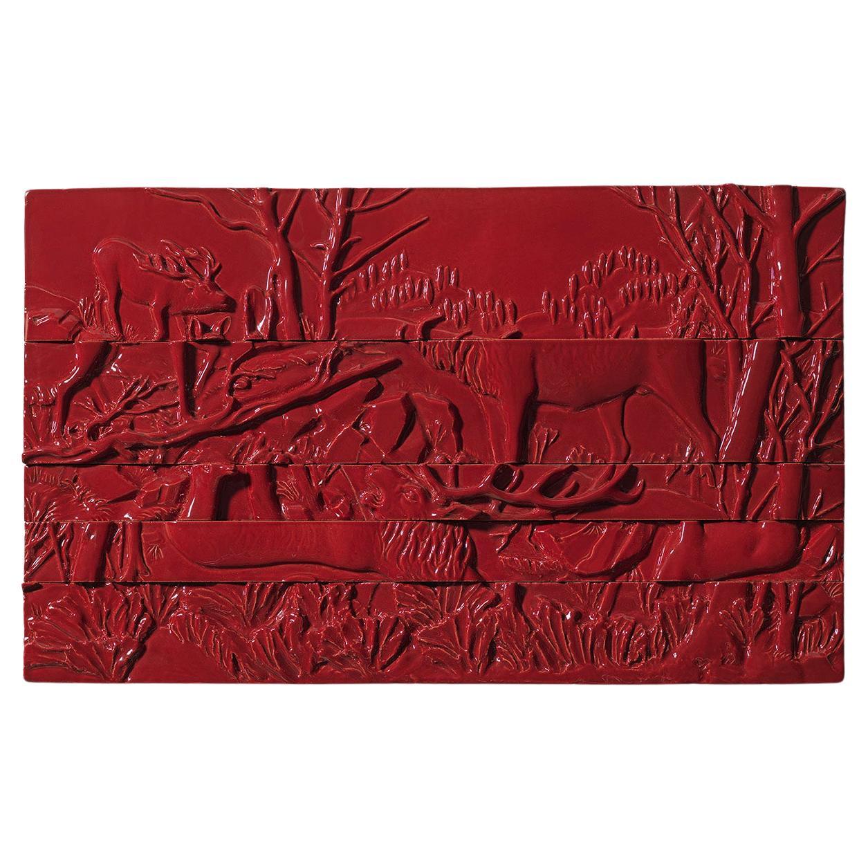 21st Century Italy, Red Reindeer Panel, Ceramica Gatti, Designer A. Anastasio For Sale