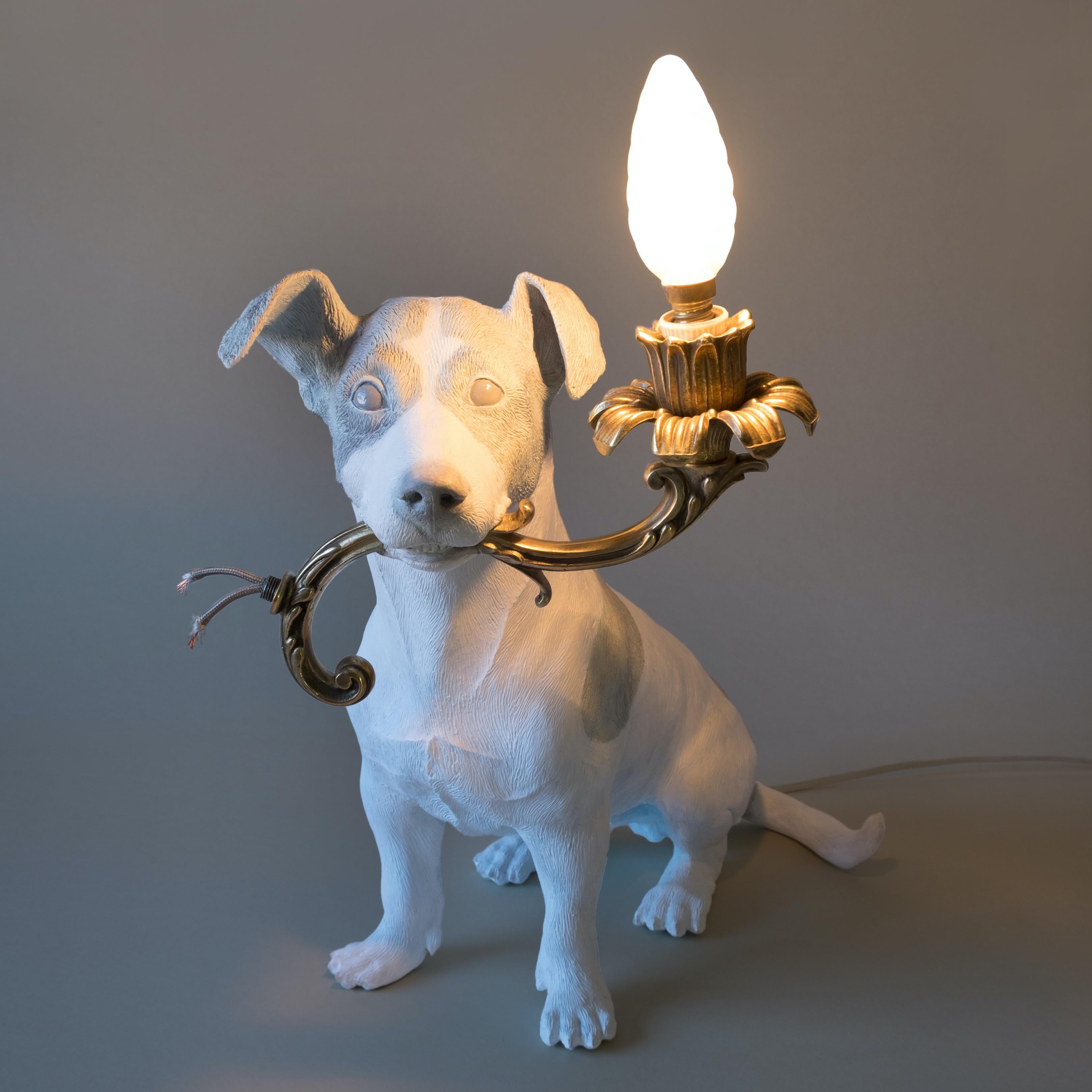 Modern 21st Century Jack Russell Dog Lamp Light by Marcantonio, White Painted Bronze For Sale