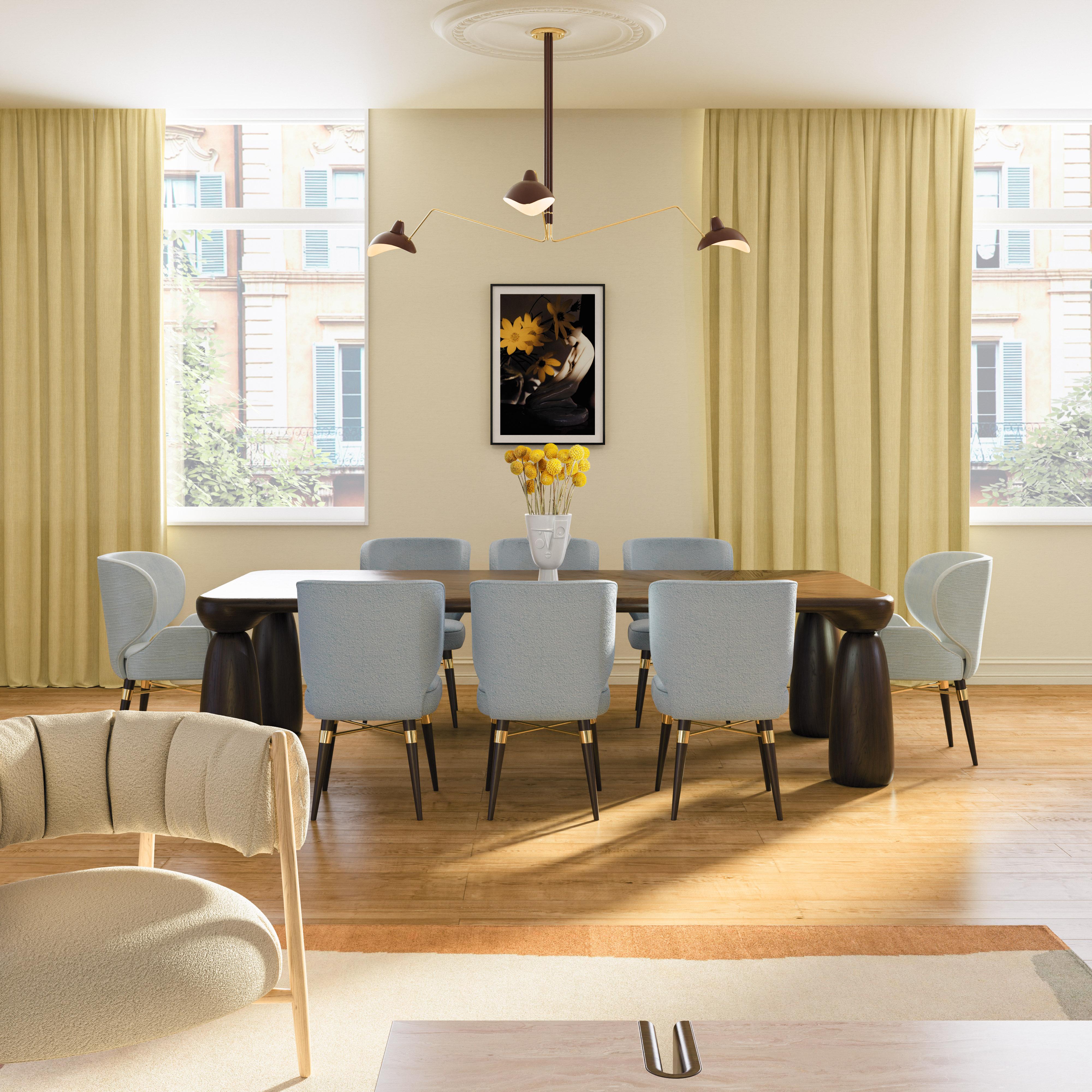 21st Century Velvet Louis Dining Chair Brass Walnut Made in Portugal by Ottiu For Sale 1