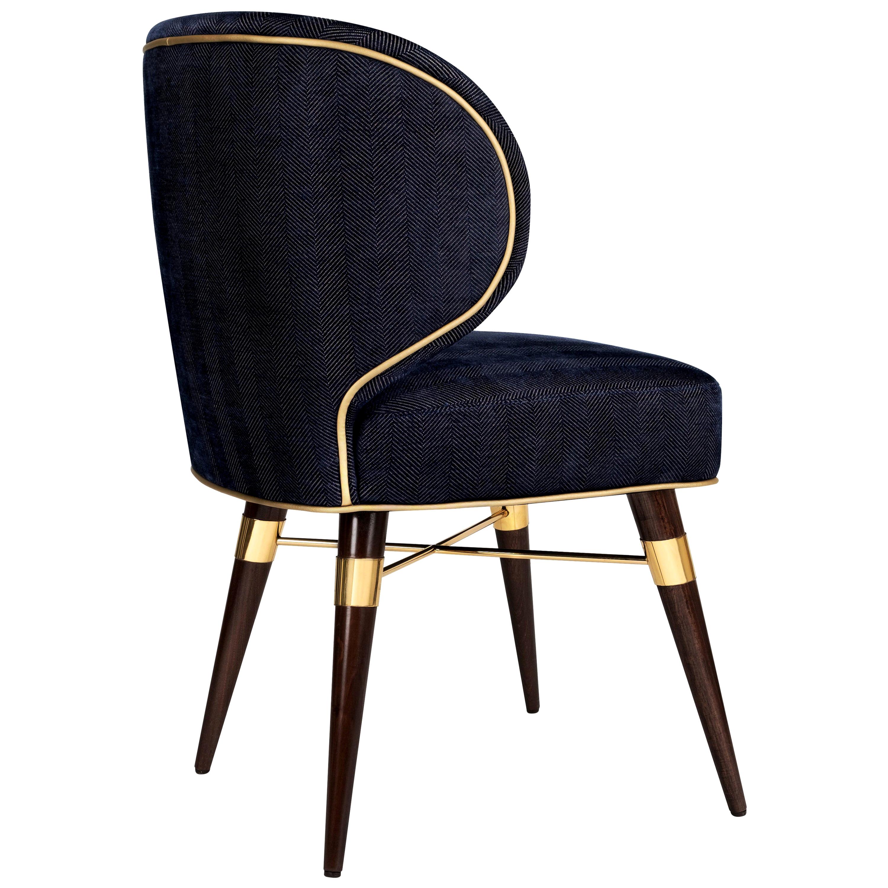 21st Century Jacquard Velvet Louis Dining Chair Brass Wood Handmade in Portugal