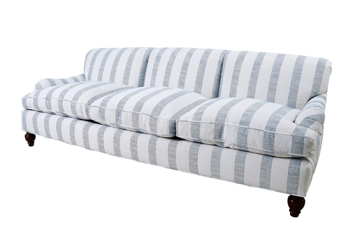 This 21st Century Jonas Sofa is newly upholstered in Schumacher Ketley Performance Stripe Fabric (77562). 