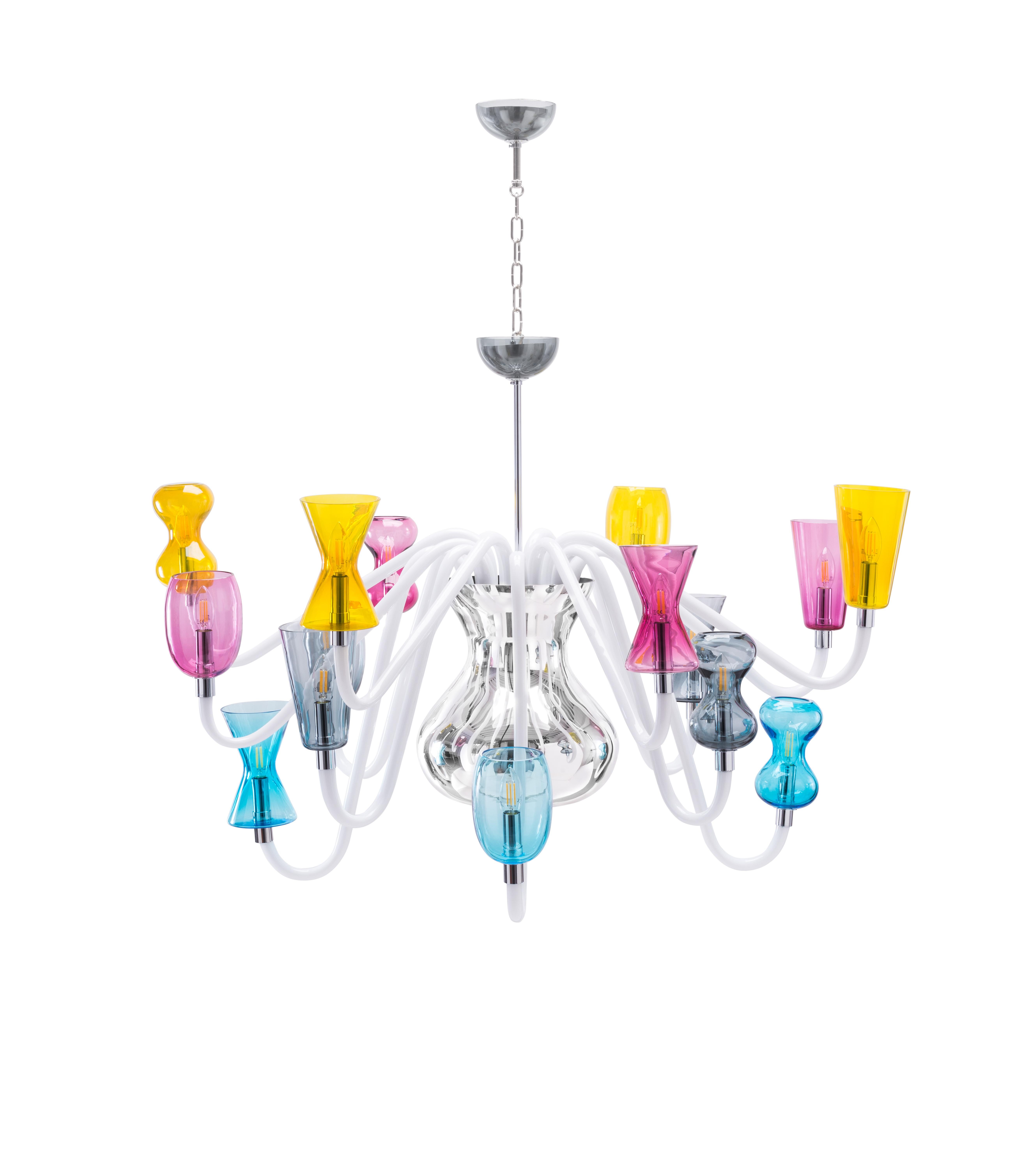 italien Lustre Karim Rashid du 21e siècle à 12 éclairages en verre de Murano de différentes couleurs en vente