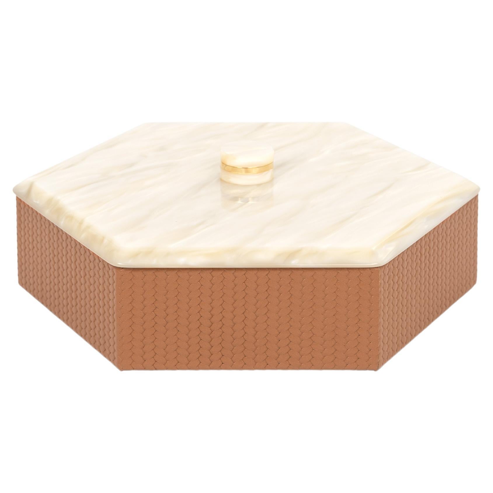 21st Century Kelly Decorative Hexagonal Box in Leather Handcrafed in Italy