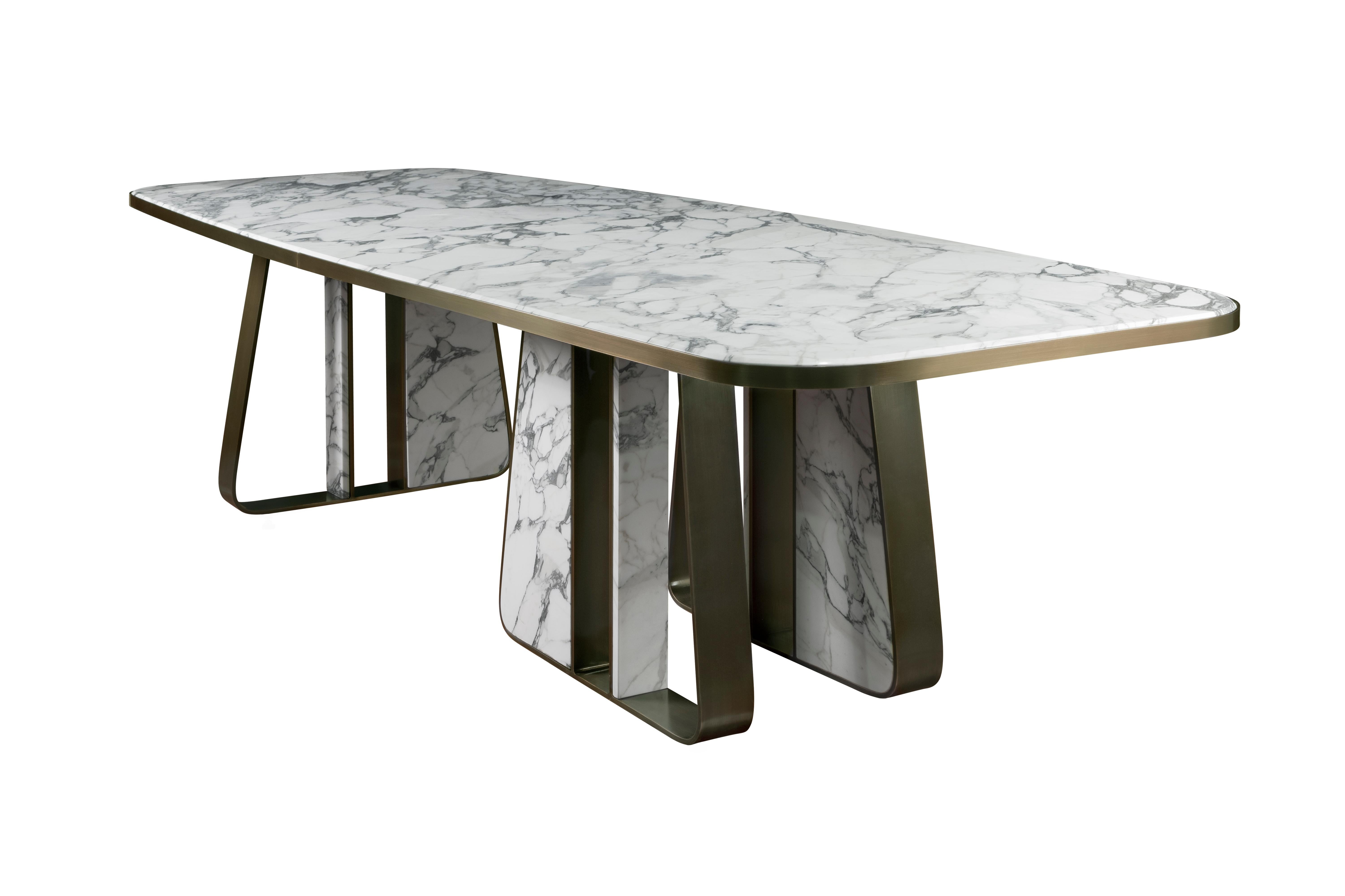 Brushed 21st Century Kenai Dining Table Marble Brass For Sale