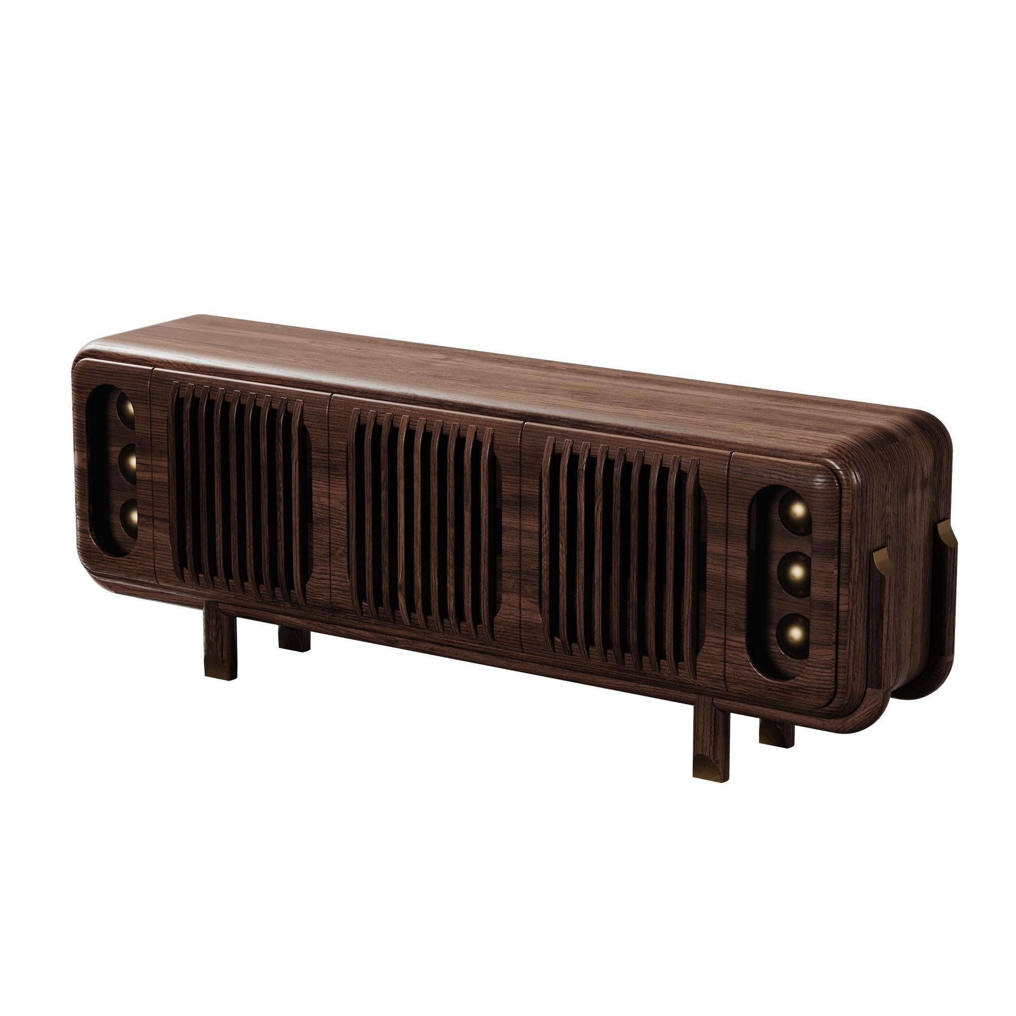 Portoghese Credenza Kennedy del 21° secolo in legno di noce e pelle in ottone in vendita
