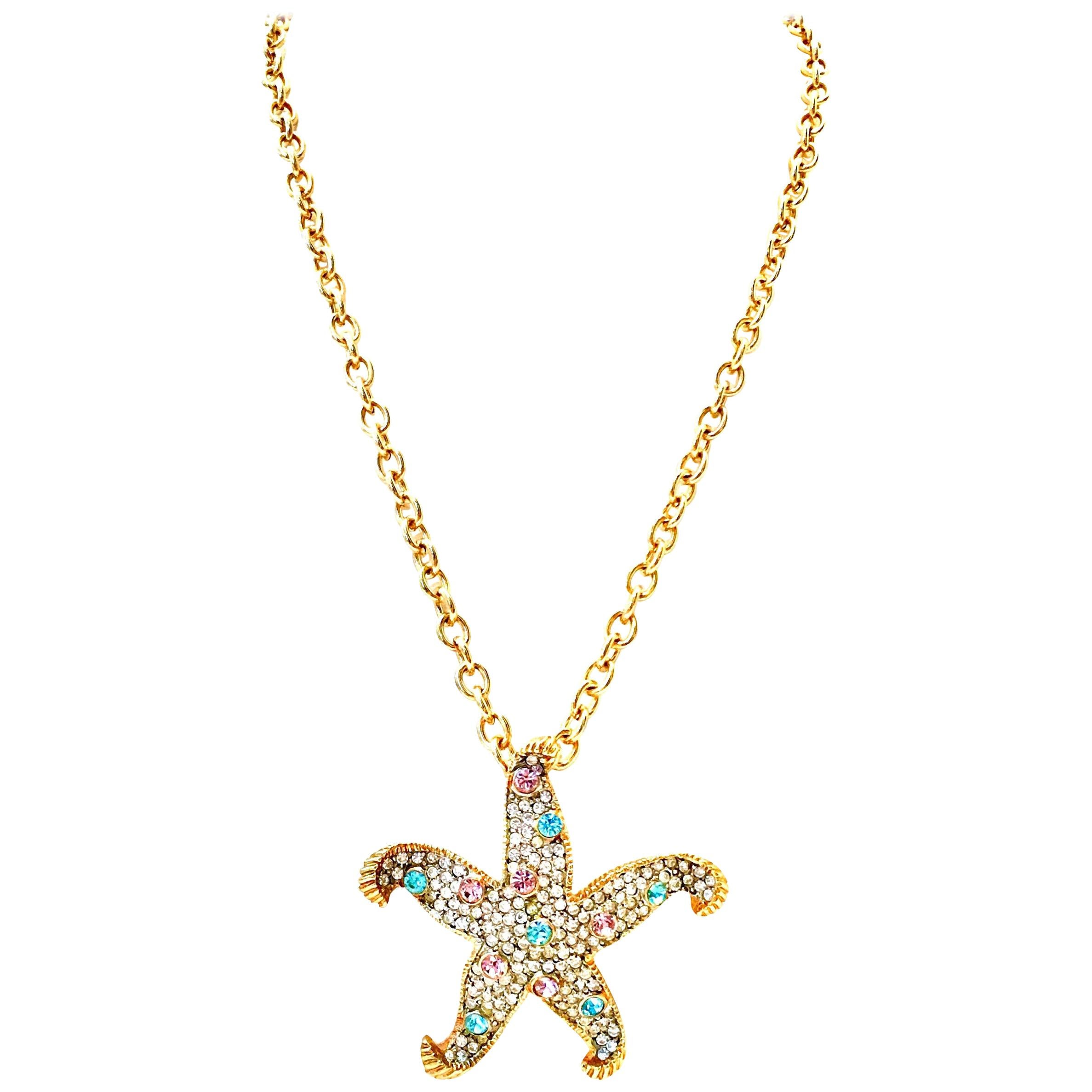 21st Century Kenneth Lane Gold & Swarovski Crystal Starfish Pendant Necklace  For Sale