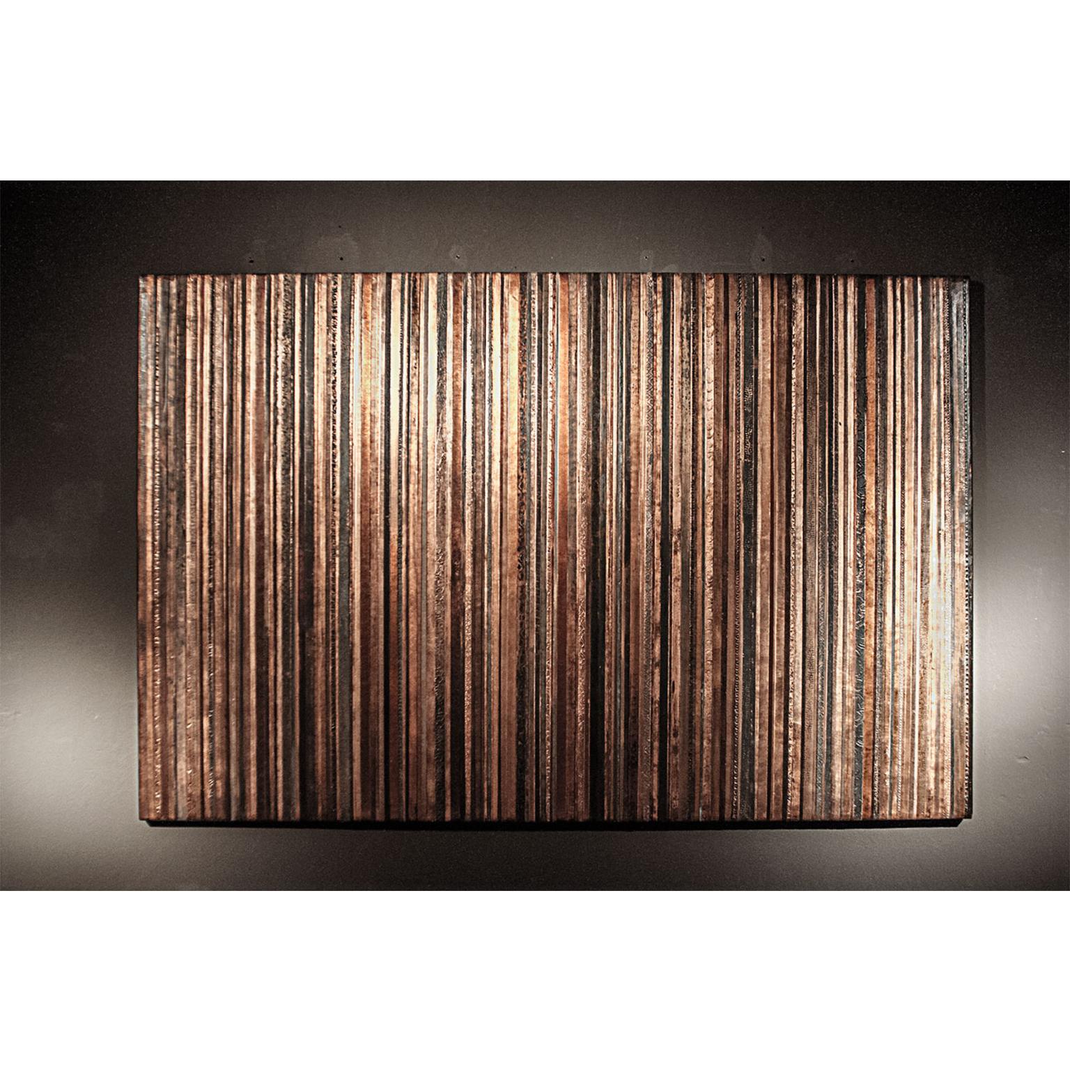 Striped artwork on canvas (230 x 150cms). Overlaid with stucco in bas relief. Painted and embellished with copper-leaf by the artist.