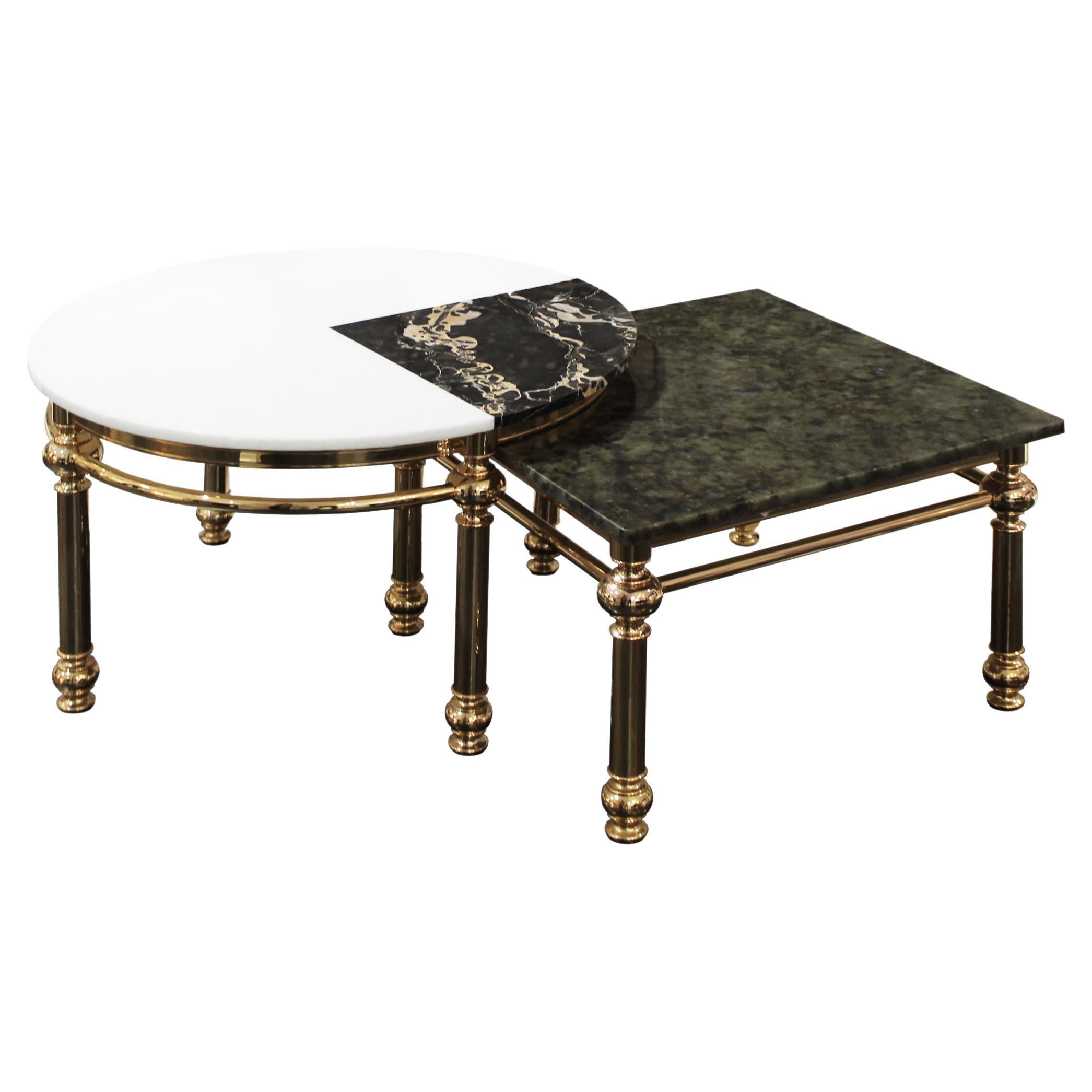 21st Century Laguna Coffee Table Set, Brass and Inlaid Marble Top, Made in Italy For Sale