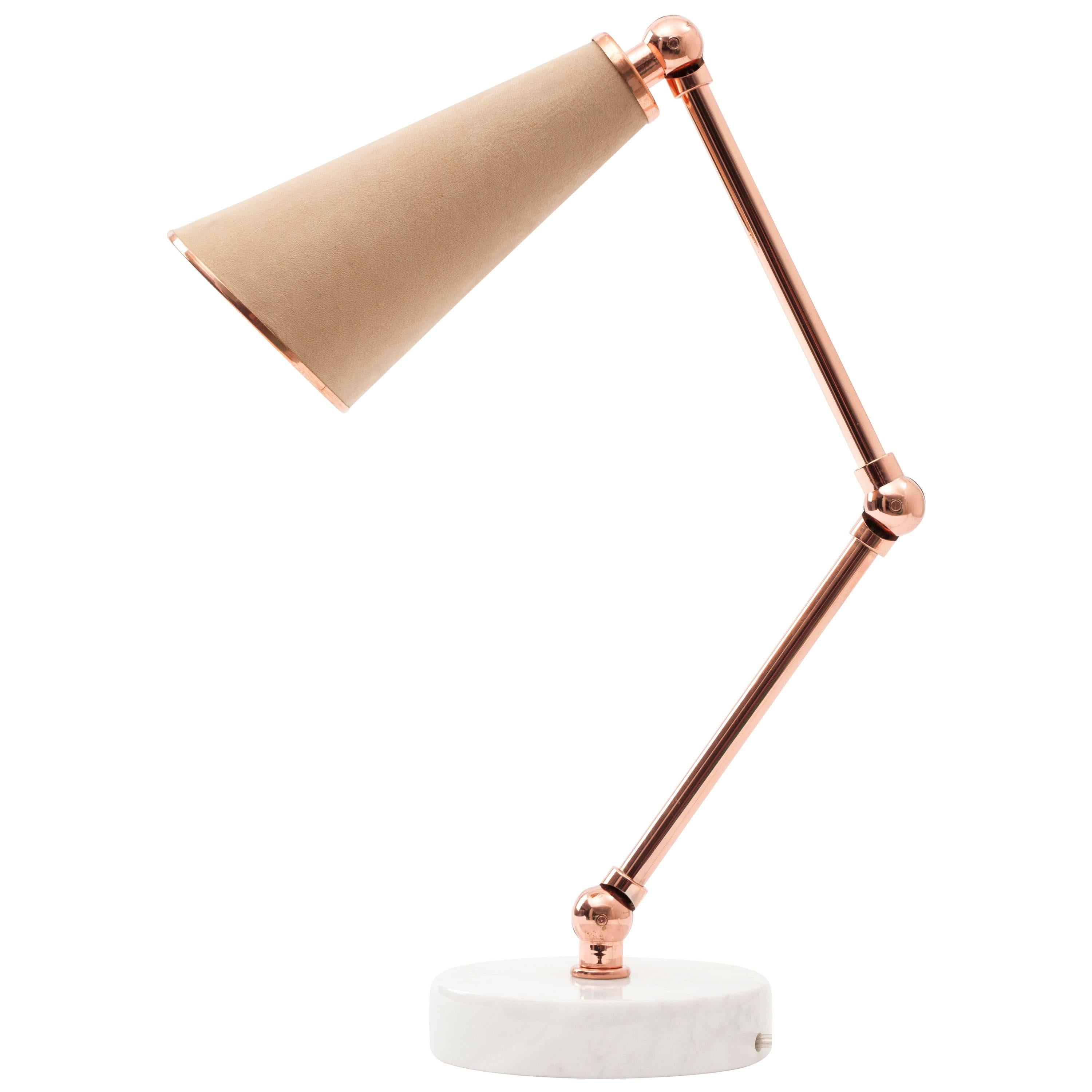 21st Century Lanterna Suede Table Lamp in Polished Copper and Carrara Marble For Sale