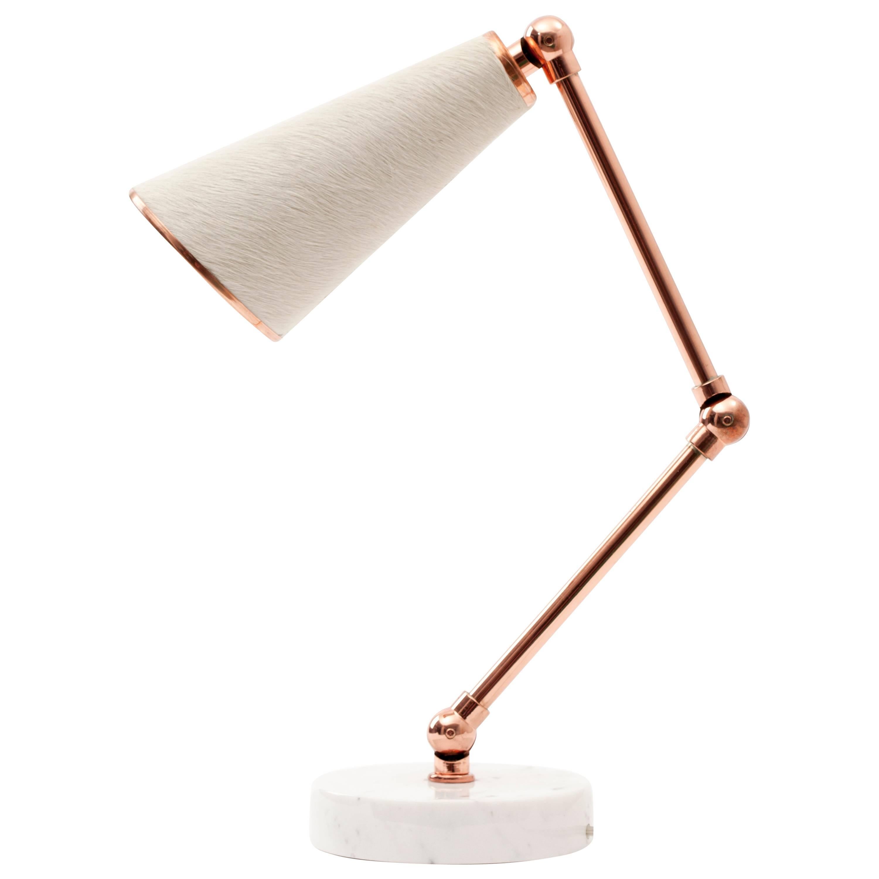 21st Century Lanterna White Cowhide Table Lamp in Copper and Carrara Marble