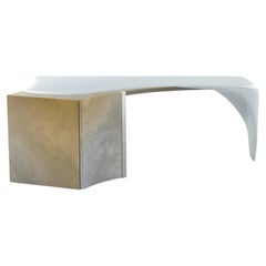 BIZUTE II, 21st Century Large Hand-Silvered Brass Desk with Cabinet Drawers