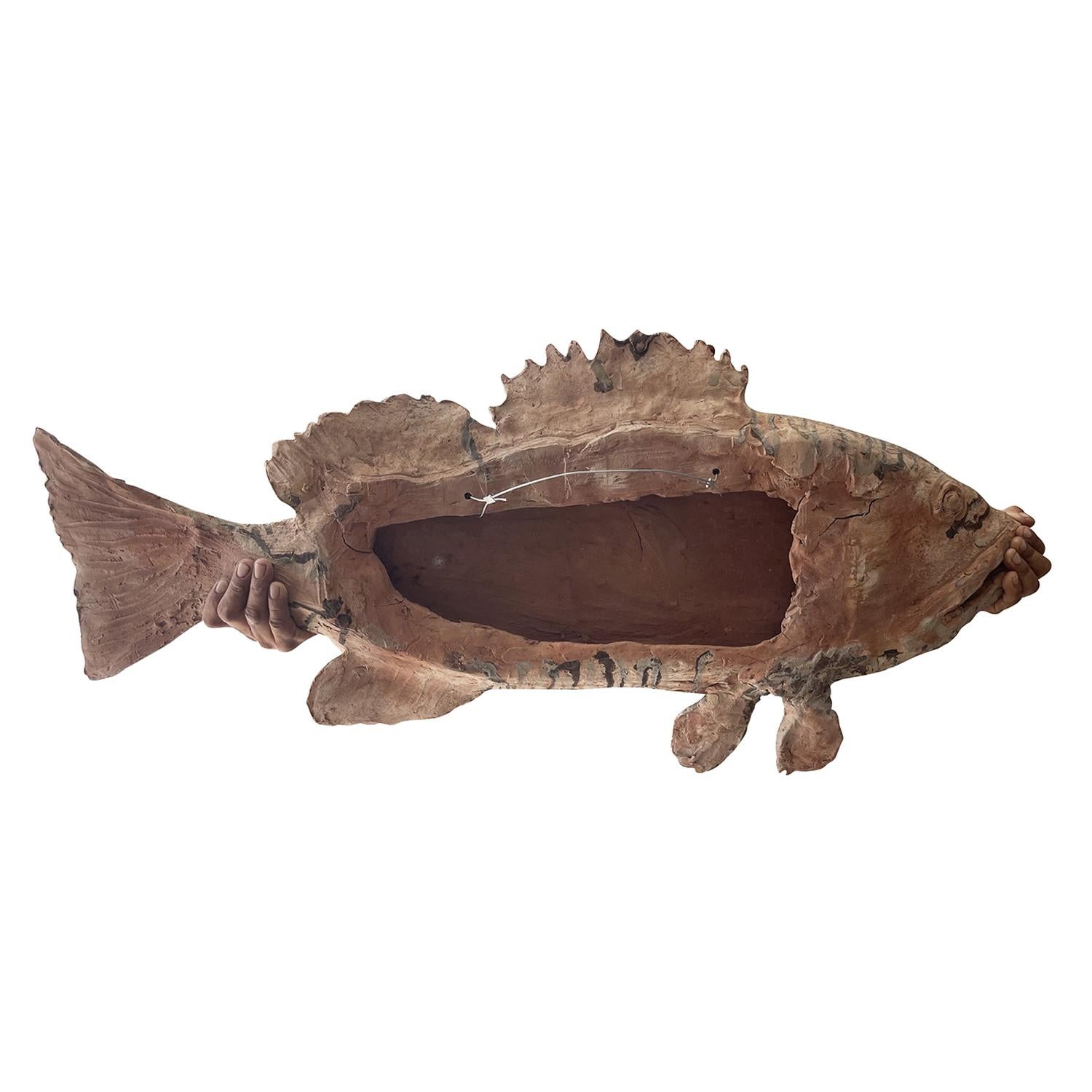 Terracotta 21st Century Large Italian Terra Cotta Fish Statuette - Tuscan Wall Décor