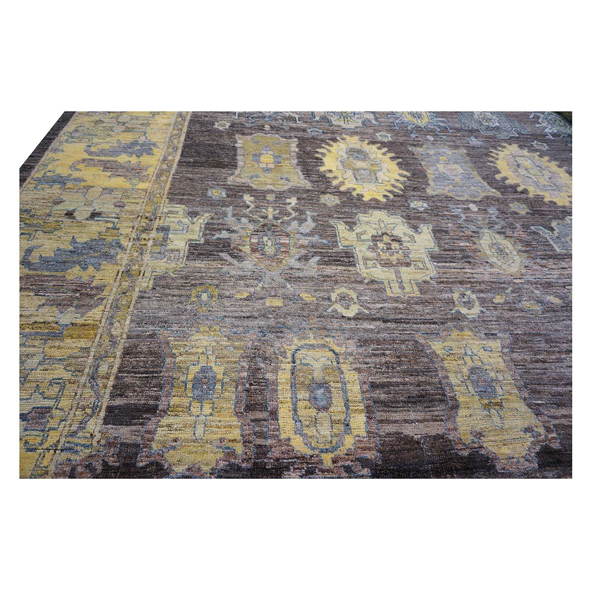 21st Century Large Square Turkish Oushak 19x20 Brown & Gold Handmade Area Rug For Sale 6