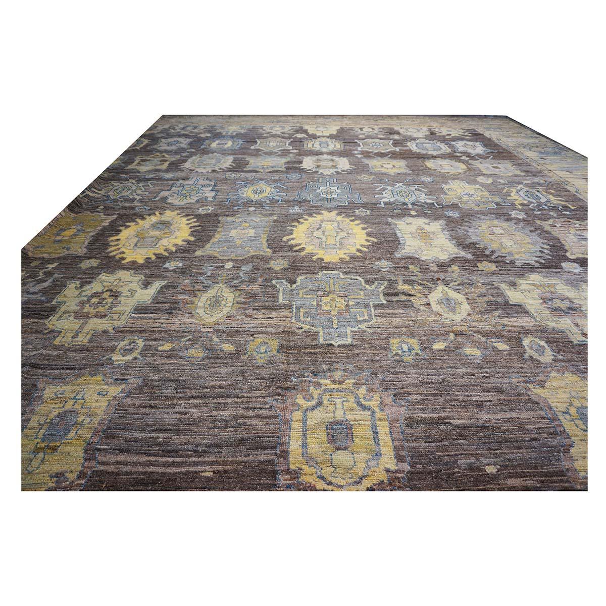 21st Century Large Square Turkish Oushak 19x20 Brown & Gold Handmade Area Rug For Sale 7