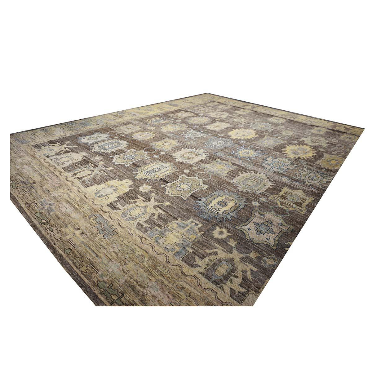 Hand-Woven 21st Century Large Square Turkish Oushak 19x20 Brown & Gold Handmade Area Rug For Sale