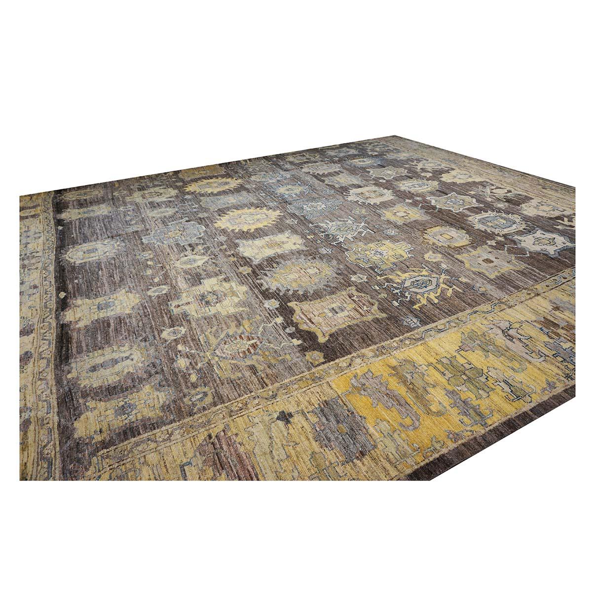 Wool 21st Century Large Square Turkish Oushak 19x20 Brown & Gold Handmade Area Rug For Sale