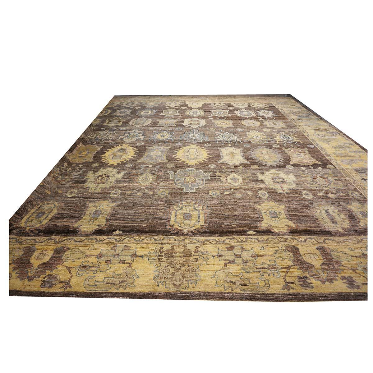 21st Century Large Square Turkish Oushak 19x20 Brown & Gold Handmade Area Rug For Sale 1
