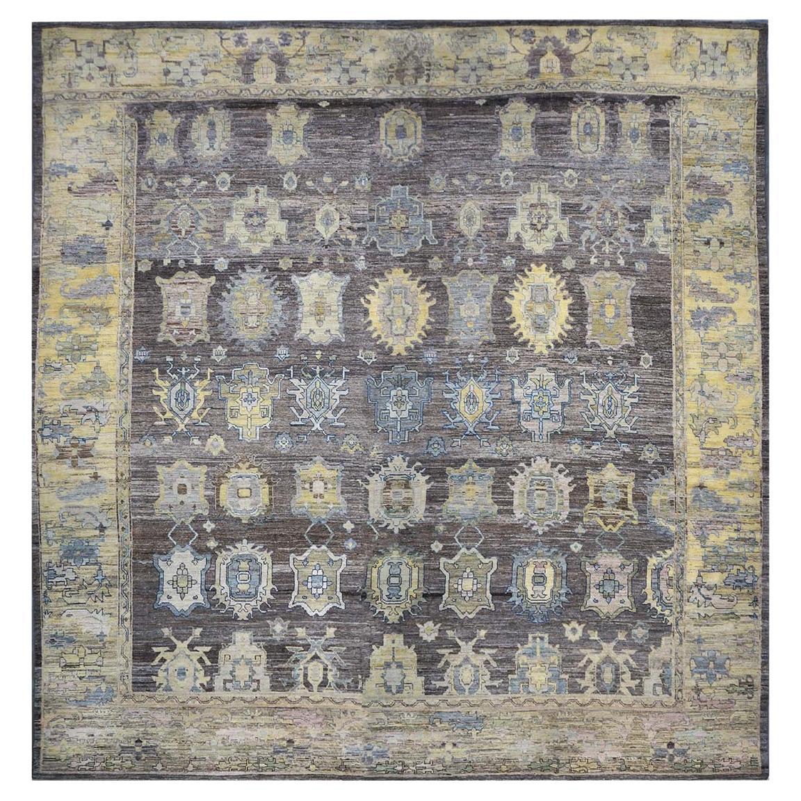 21st Century Large Square Turkish Oushak 19x20 Brown & Gold Handmade Area Rug For Sale