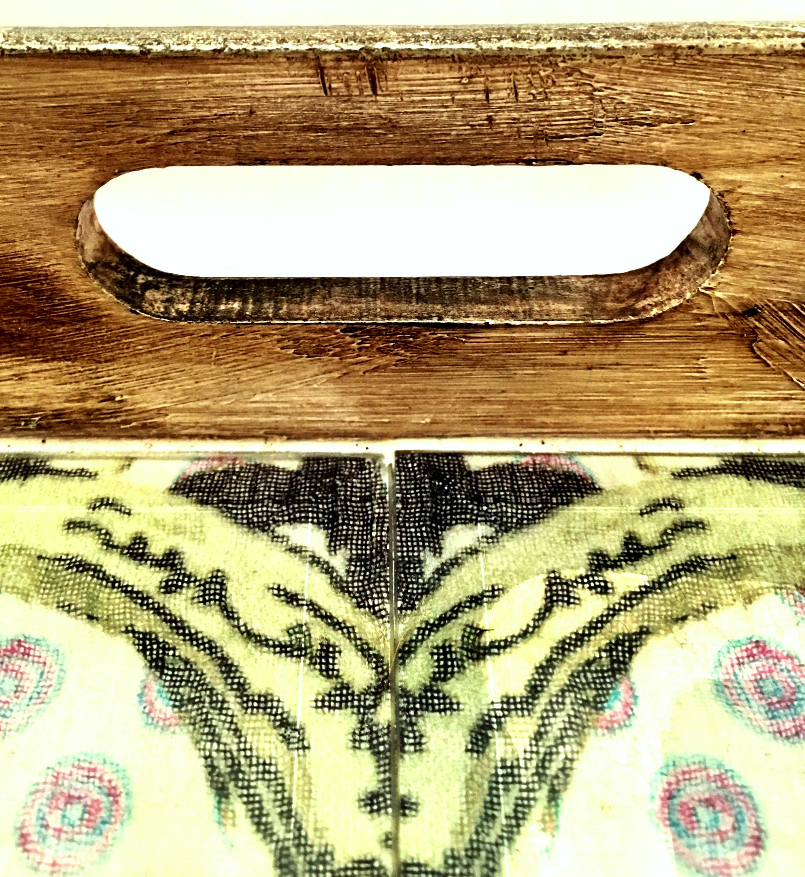 21st Century Large Wood Printed Belgium Linen and Glass Cutout Handle Tray 3