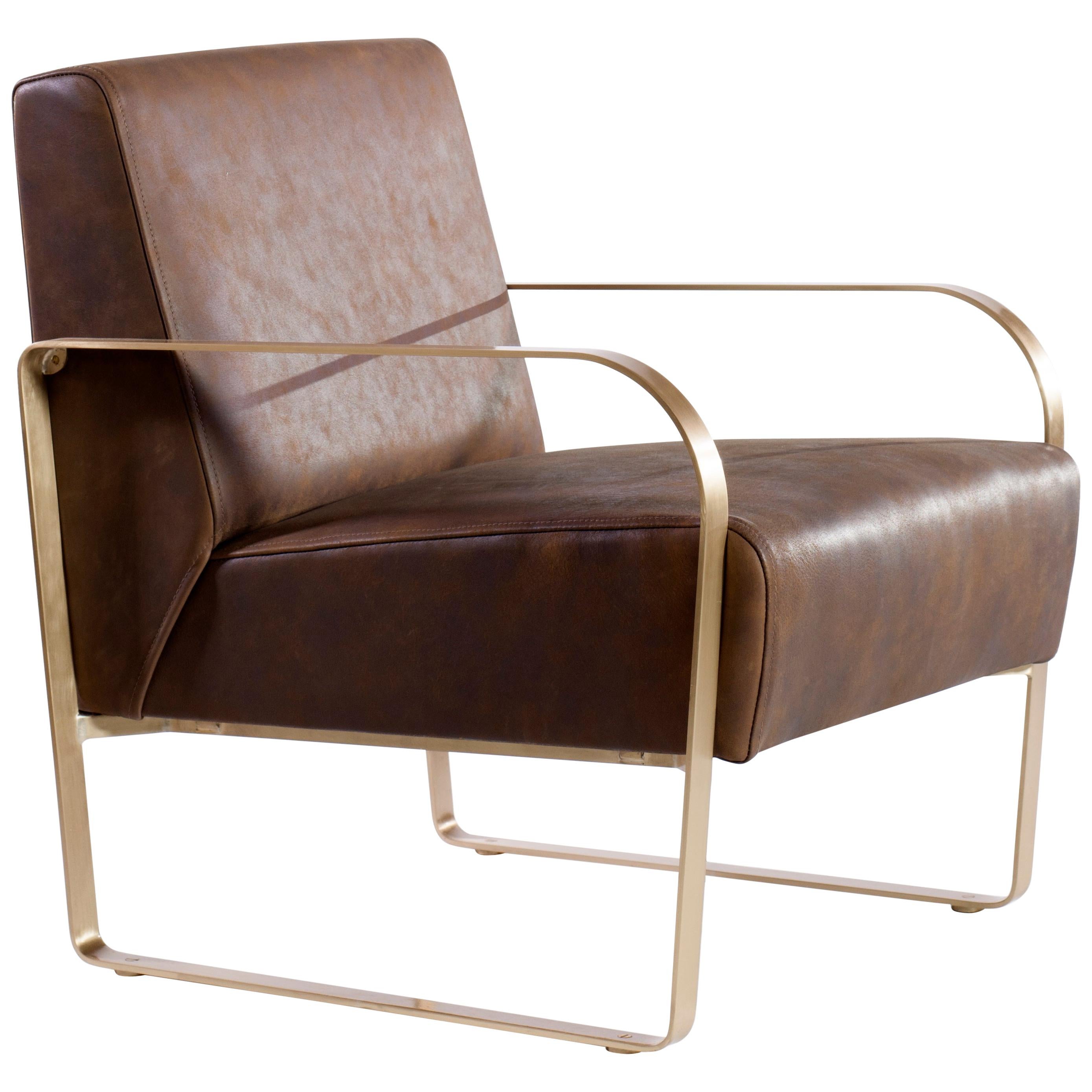 21st Century Leather and Brass Armchair For Sale