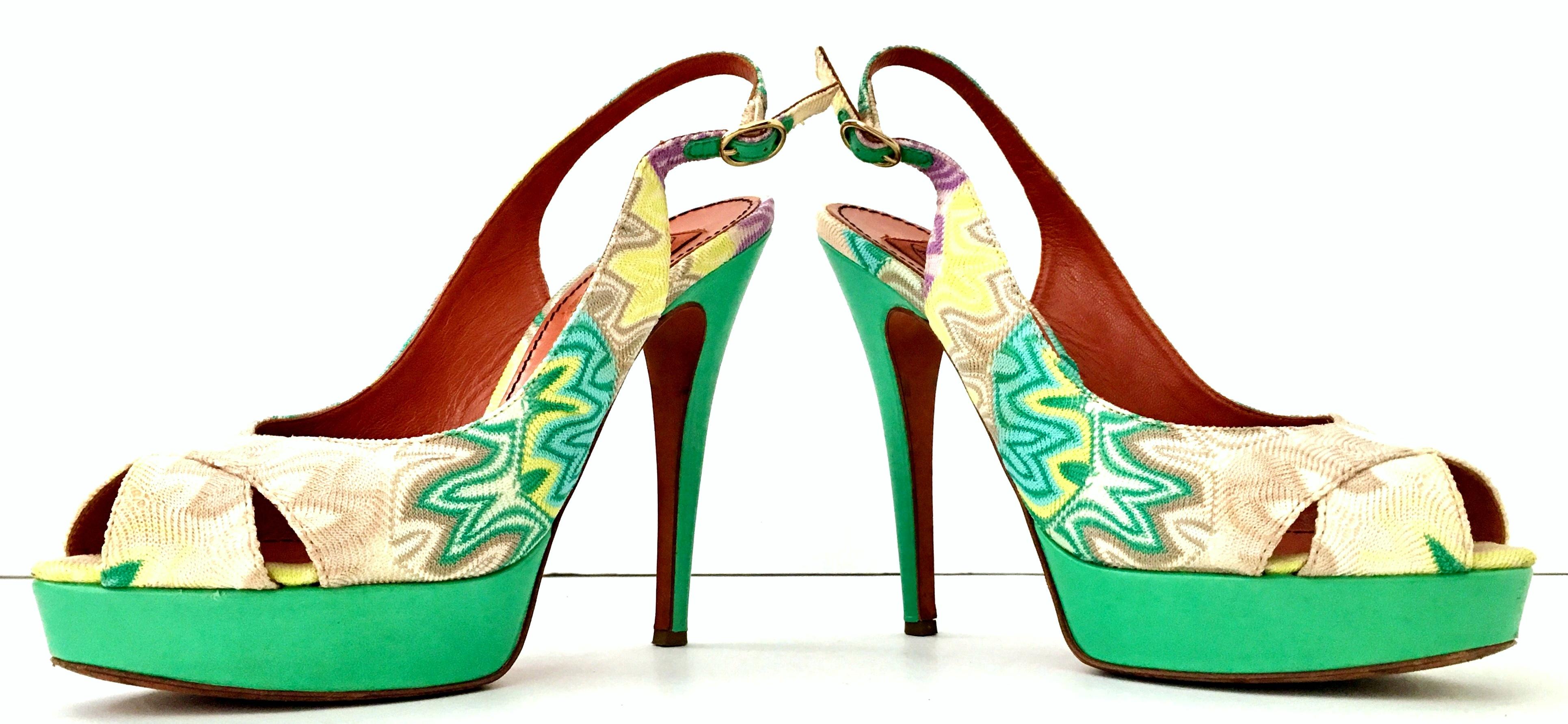 21st Century Contemporary & New Aqua leather heel chevron fabric peep toe sling back platform shoes By, Missoni. These never worn but for a runway show platform sandals feature, vivid aqua leather with multi color iconic 