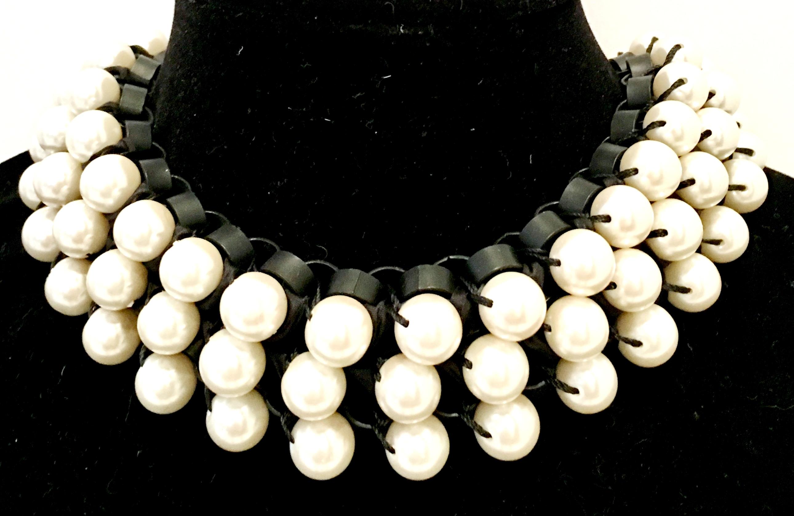 21st Century Leather & Faux Pearl Choker Style Necklace By, Lee Angel In Excellent Condition In West Palm Beach, FL