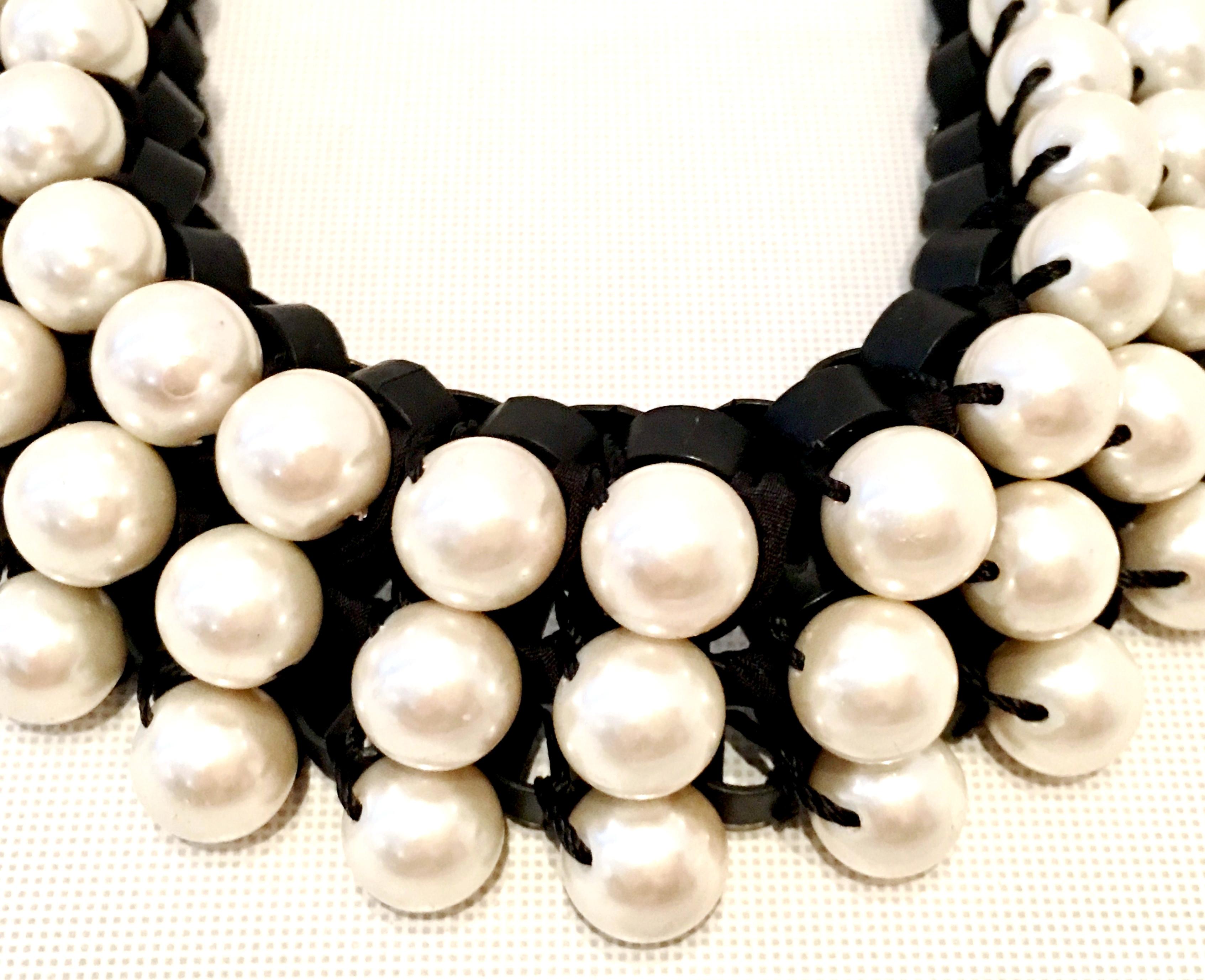 Women's or Men's 21st Century Leather & Faux Pearl Choker Style Necklace By, Lee Angel