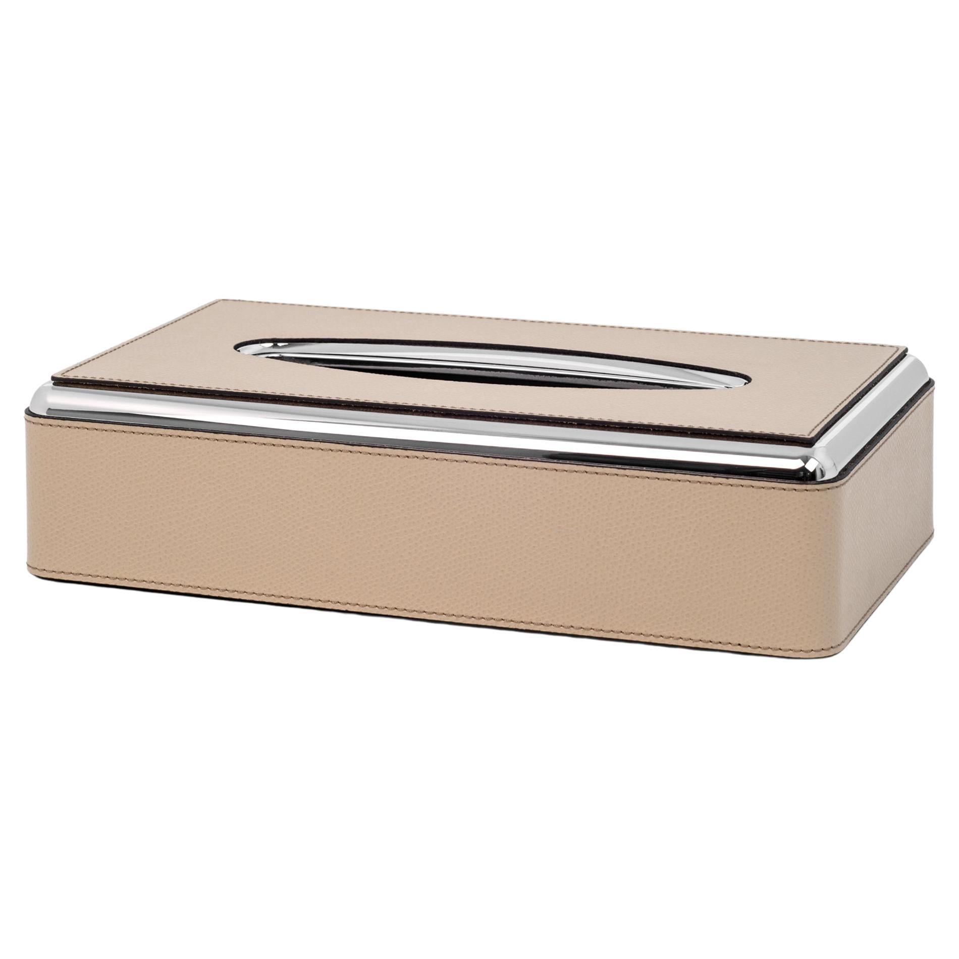 Caja rectangular para pañuelos de cuero del siglo XXI con perfil cromado Made in Italy