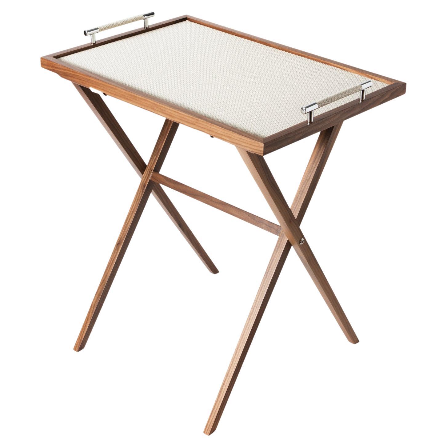 21st Century Leather & Walnut Wood Dedalo Folding Table Handcrafed in Italy For Sale