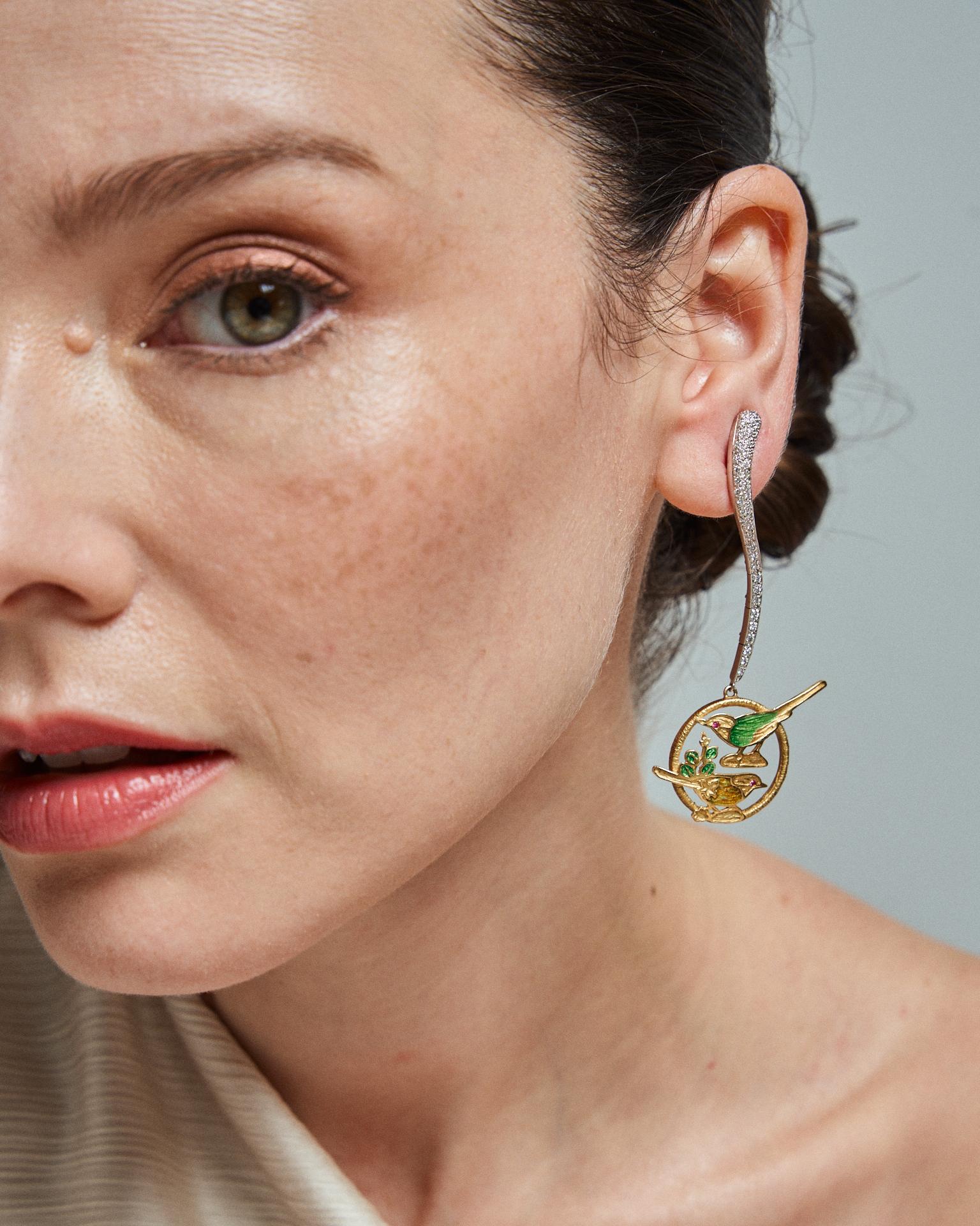 21st Century Leaves Birds Green Enamel Rubies Diamonds Drop White Gold Earrings For Sale 2