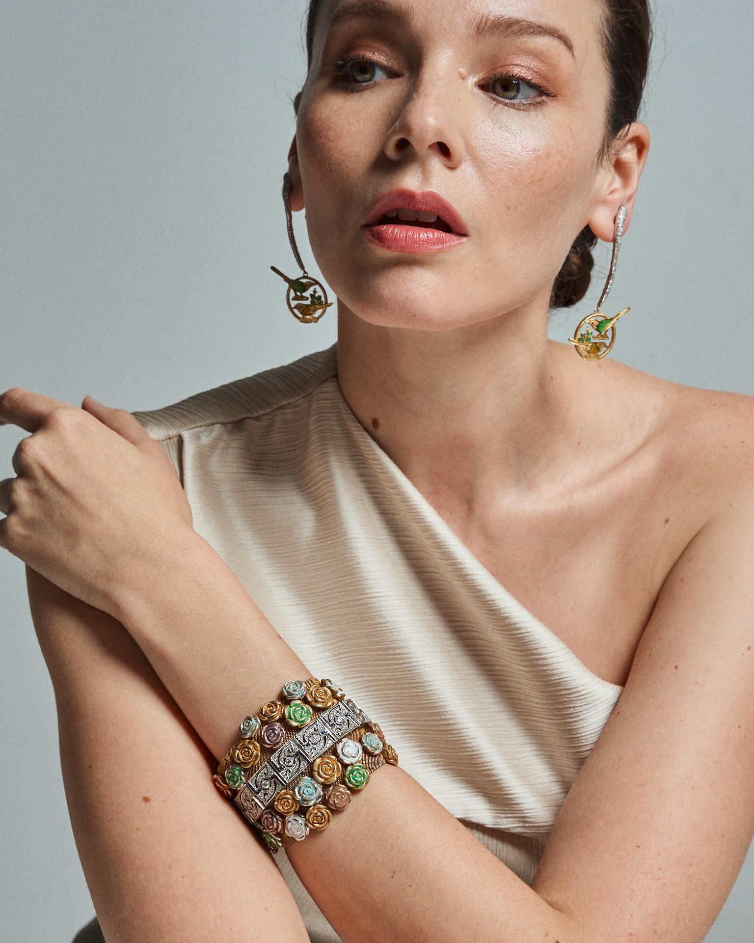 21st Century Leaves Birds Green Enamel Rubies Diamonds Drop White Gold Earrings For Sale 4