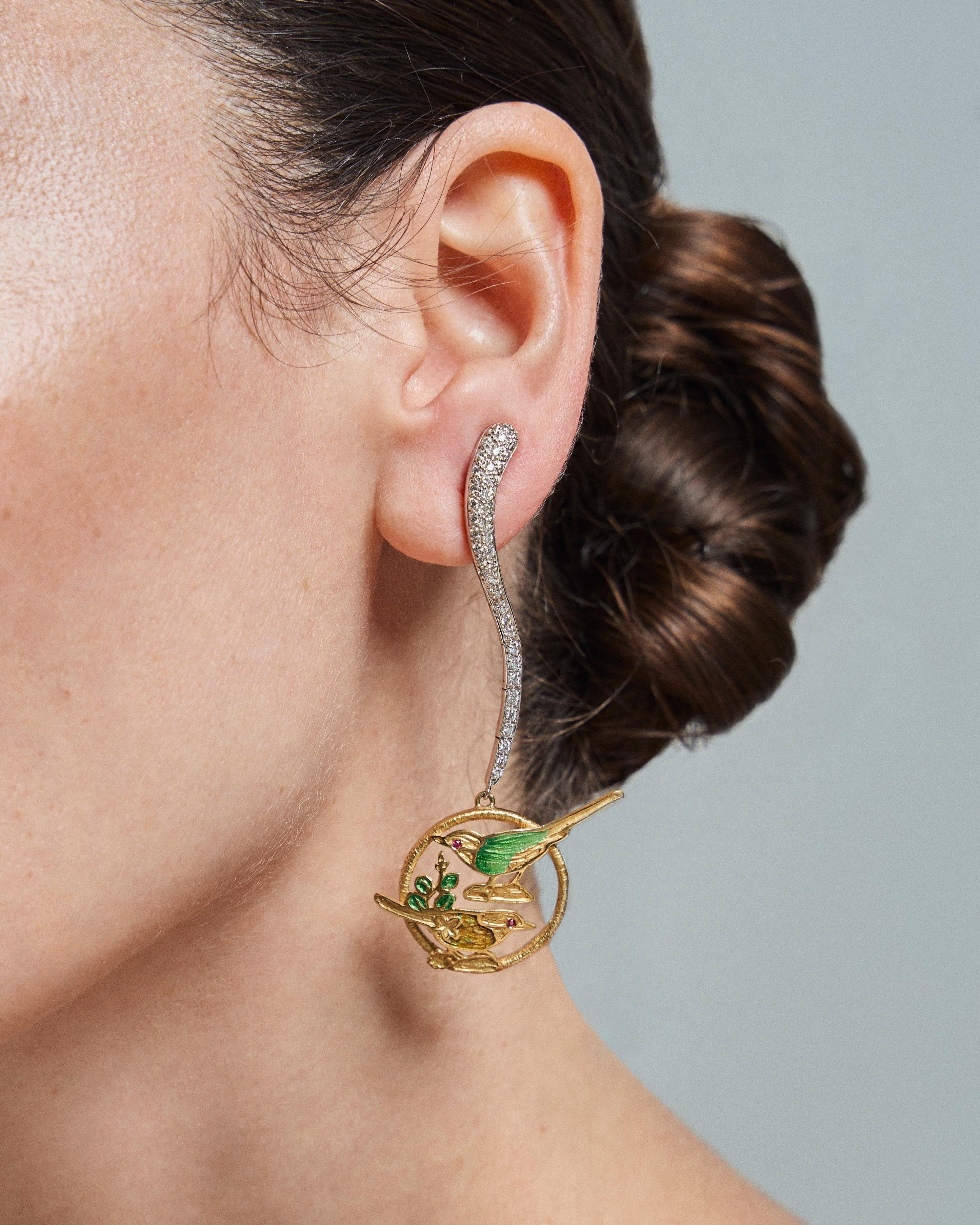 21st Century Leaves Birds Green Enamel Rubies Diamonds Drop White Gold Earrings 

0.80 Carats Diamonds White Gold 18 Karat Yellow Gold Fire Enamel Birds Earrings 

Earrings made in white gold and yellow gold of 18 Karats. Fire enameled birds with