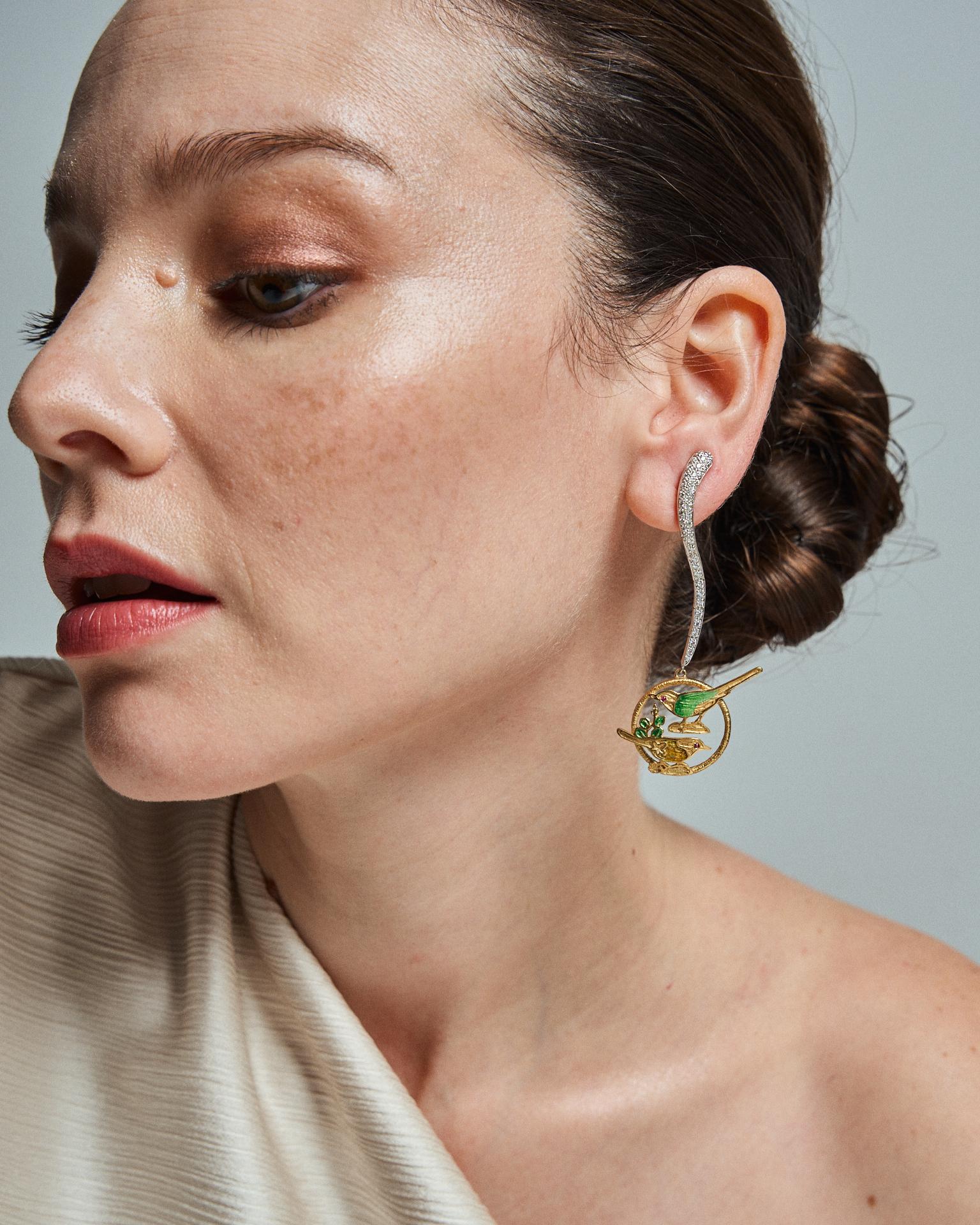 21st Century Leaves Birds Green Enamel Rubies Diamonds Drop White Gold Earrings For Sale 1