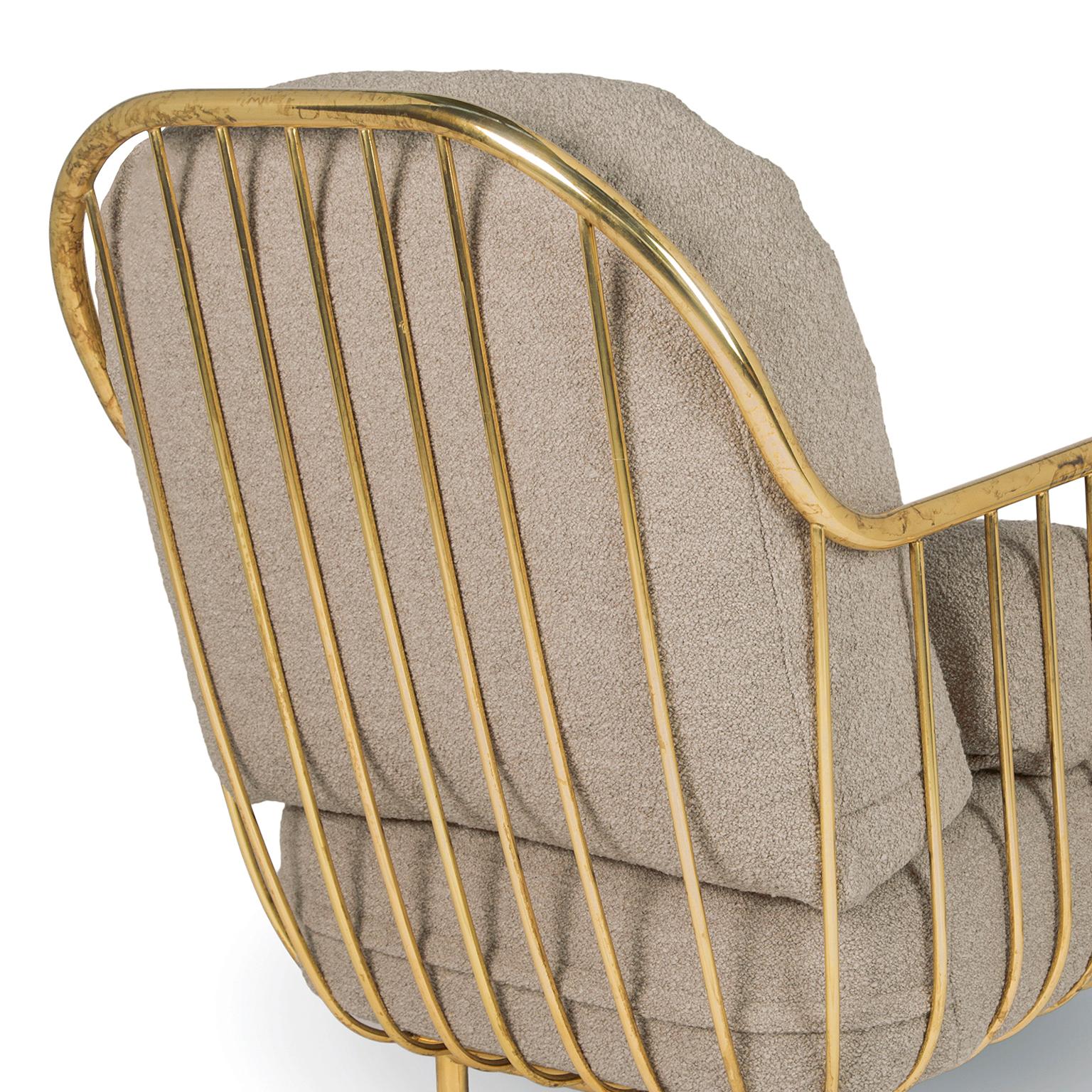 Portuguese Modern Liberty Armchair Low Back Aged Polished Brass and Taupe Boucle Cushions For Sale