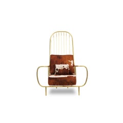 21st Century Liberty Armchair High Back, Polished Brass, Cow Fur Cushions
