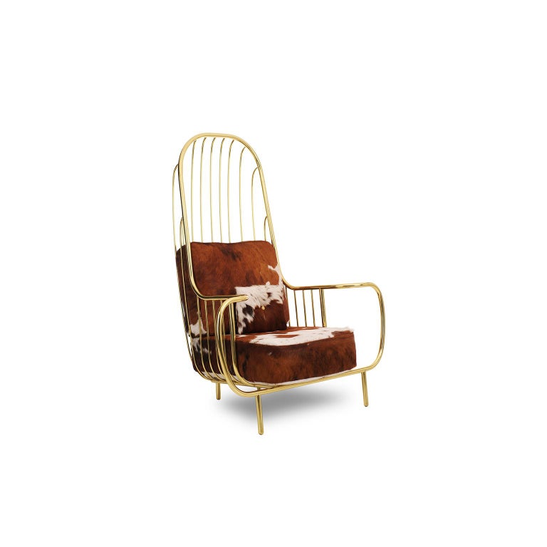 Modern 21st Century Liberty Armchair High Back, Polished Brass, Cow Fur Cushions For Sale