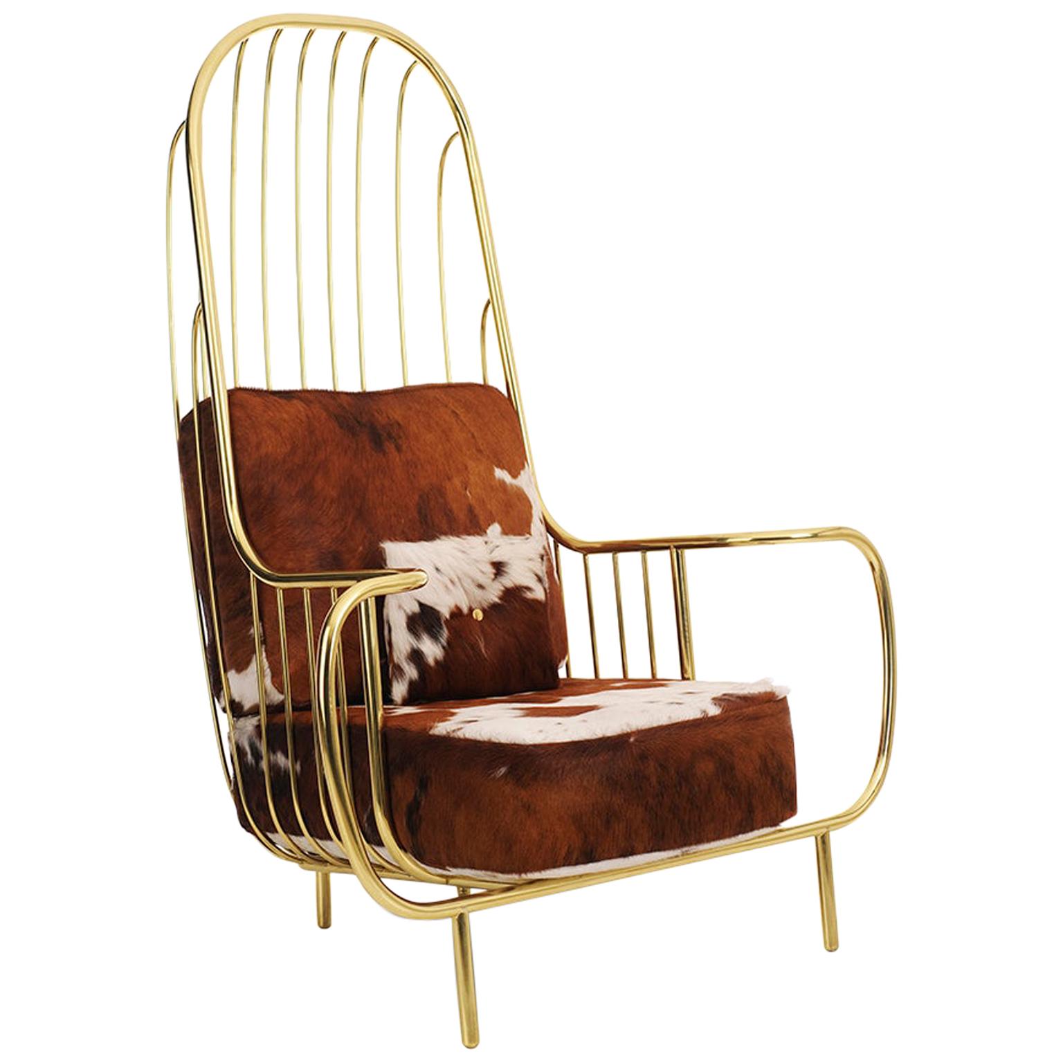 21st Century Liberty Armchair High Back, Polished Brass, Cow Fur Cushions