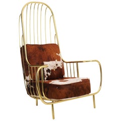 21st Century Liberty Armchair High Back, Polished Brass, Cow Fur Cushions