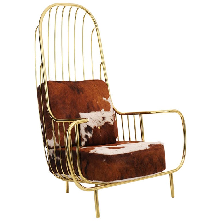 21st Century Liberty Armchair High Back, Polished Brass, Cow Fur Cushions For Sale