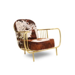Contemporary Liberty Armchair Low Back, Polished Brass Tube, Cow Fur Cushions