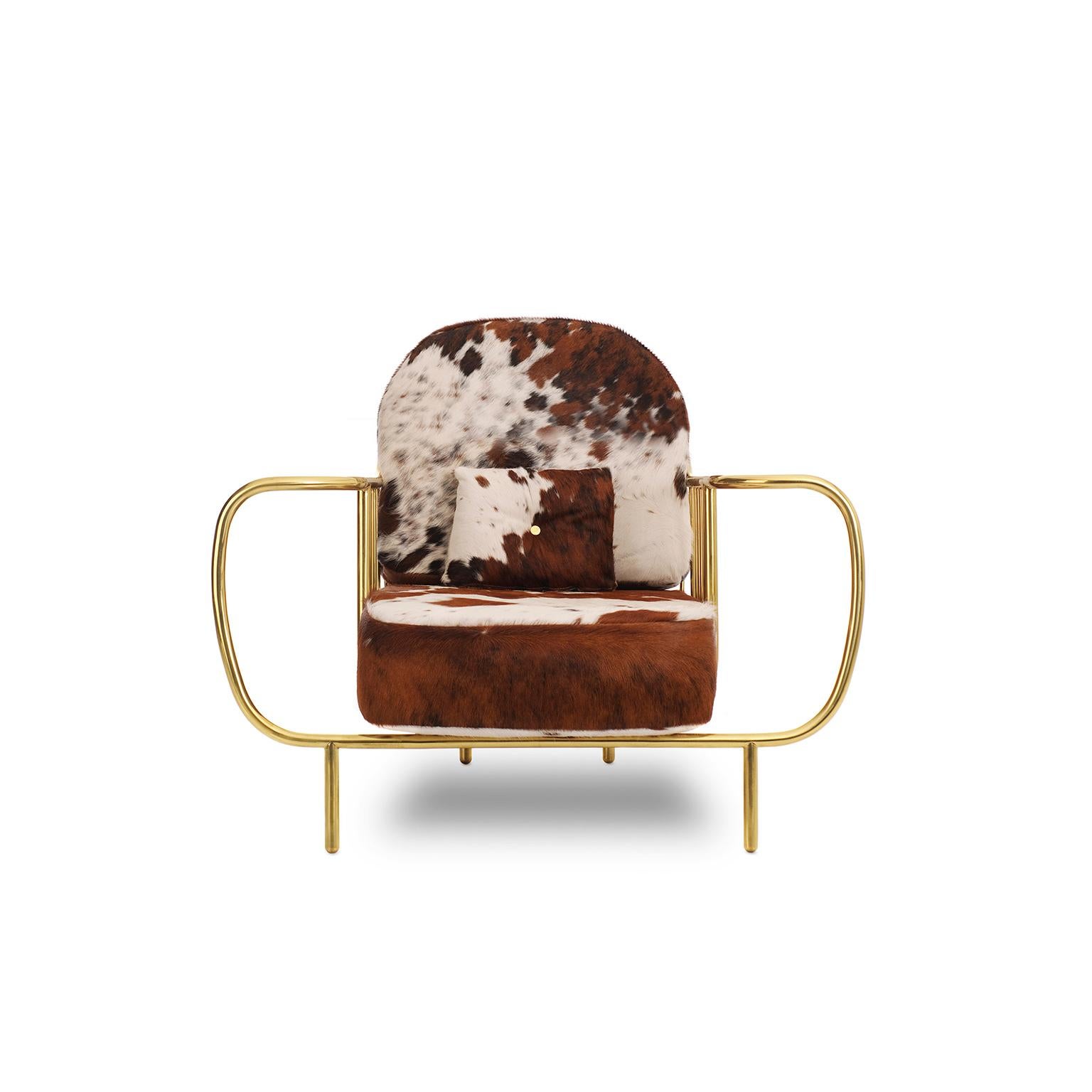 Modern Contemporary Liberty Armchair Low Back, Polished Brass Tube, Cow Fur Cushions For Sale