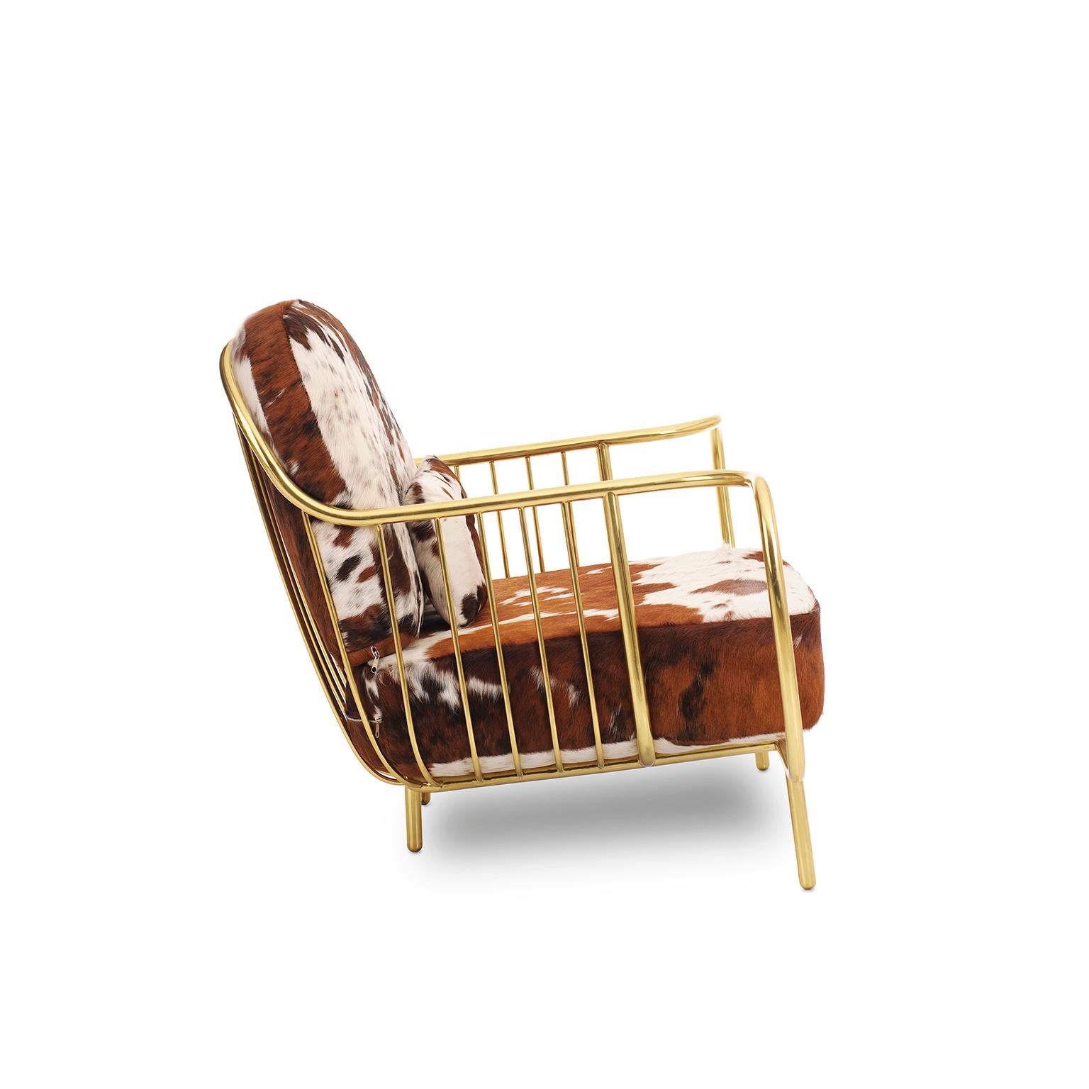 Portuguese Contemporary Liberty Armchair Low Back, Polished Brass Tube, Cow Fur Cushions For Sale