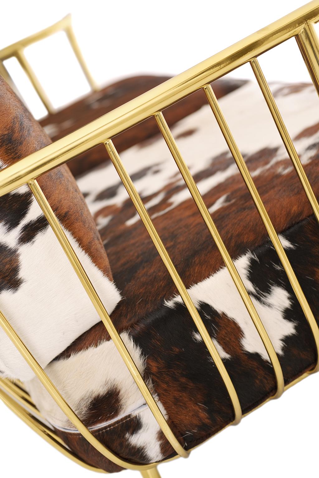 Leather Contemporary Liberty Armchair Low Back, Polished Brass Tube, Cow Fur Cushions For Sale