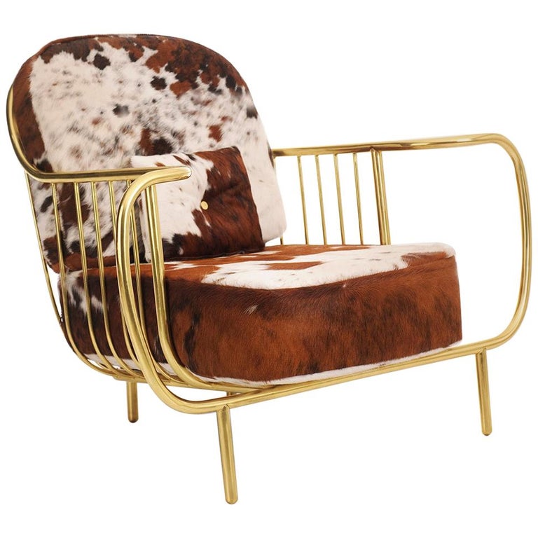 21st Century Liberty Armchair Low Back, Polished Brass Tube, Cow Fur Cushions For Sale