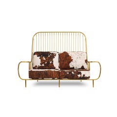 21st Century Liberty Sofa High Back Polished Brass and Natural Cow Fur Cushions