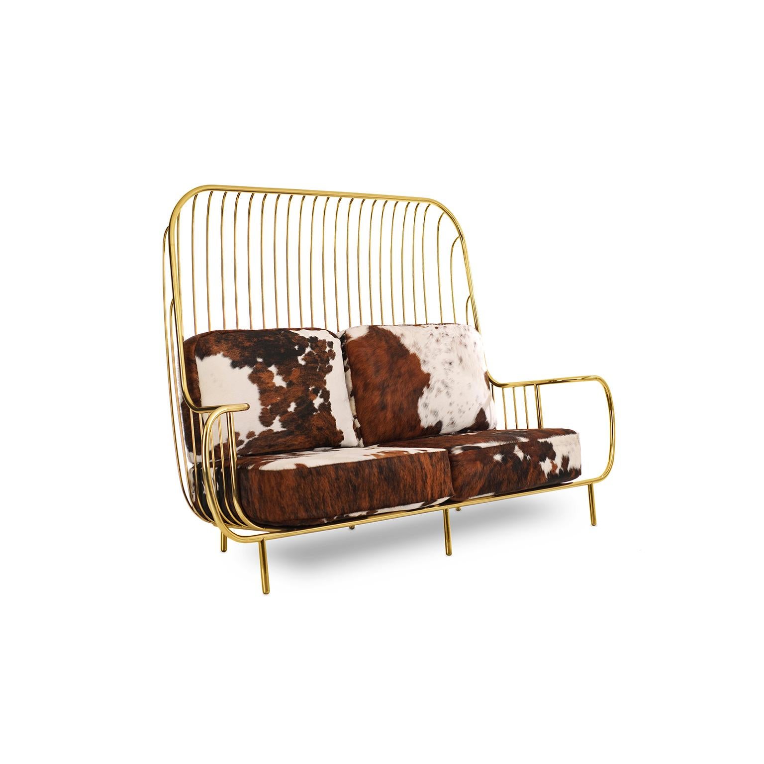 Modern 21st Century Liberty Sofa High Back Polished Brass and Natural Cow Fur Cushions For Sale