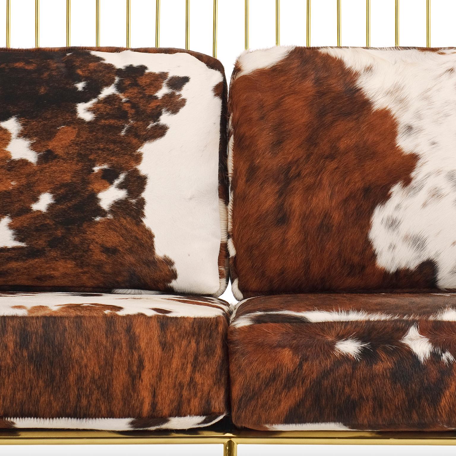 21st Century Liberty Sofa High Back Polished Brass and Natural Cow Fur Cushions For Sale 1